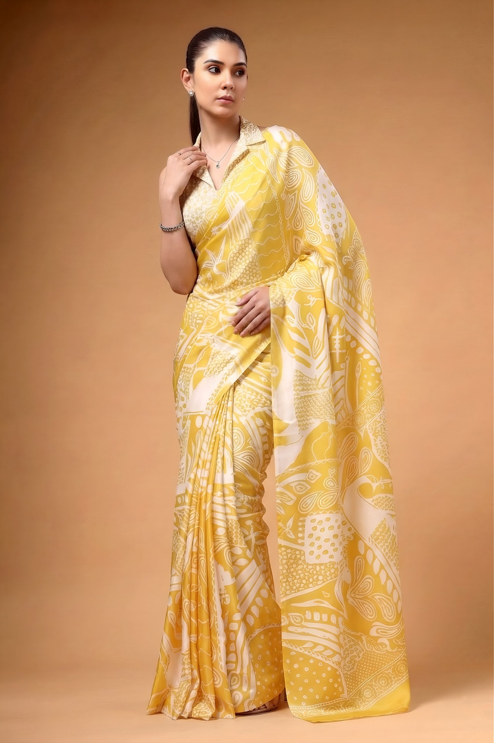 Yellow Satin Silk Printed Saree