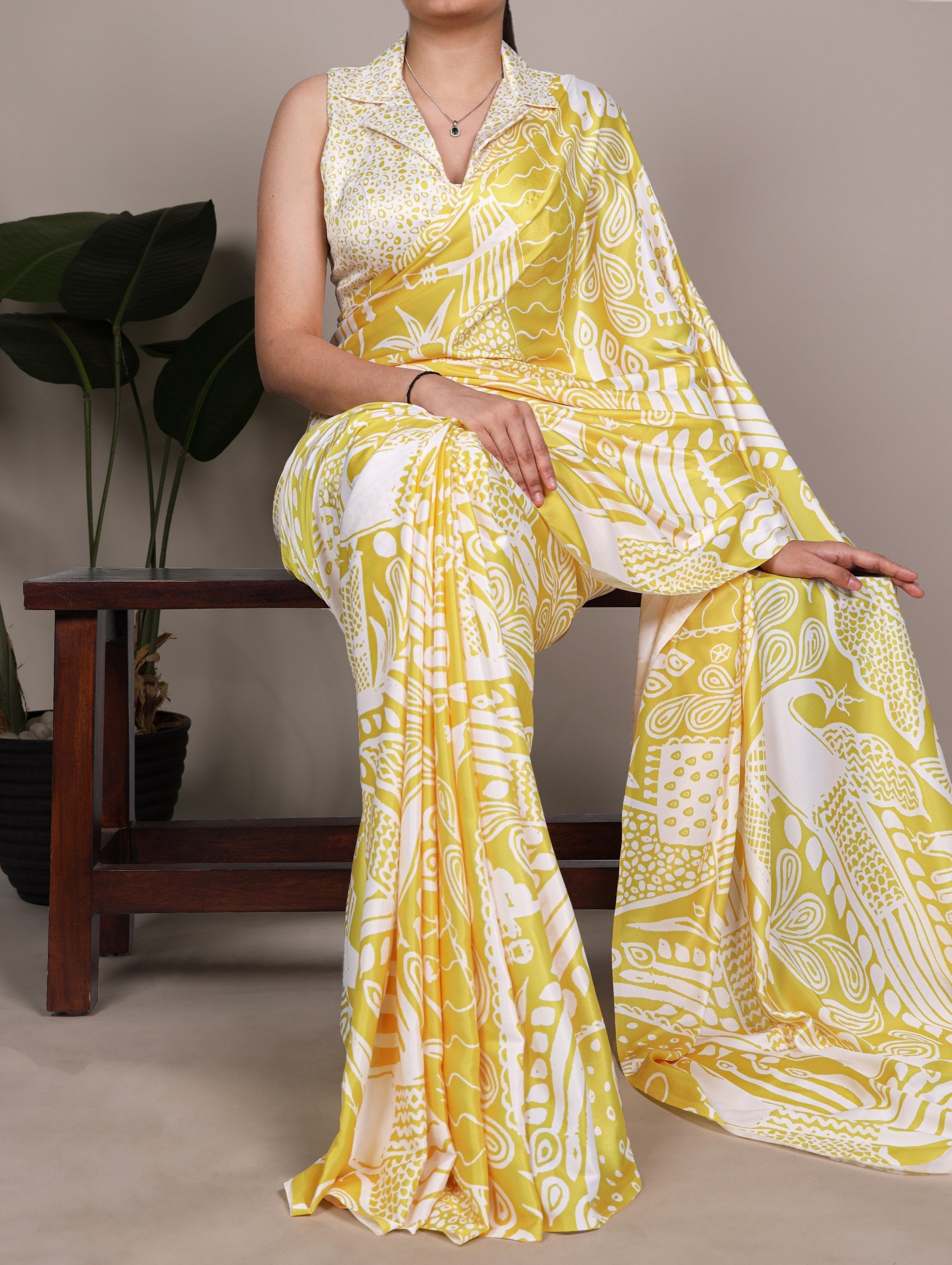 Yellow Satin Silk Printed Saree