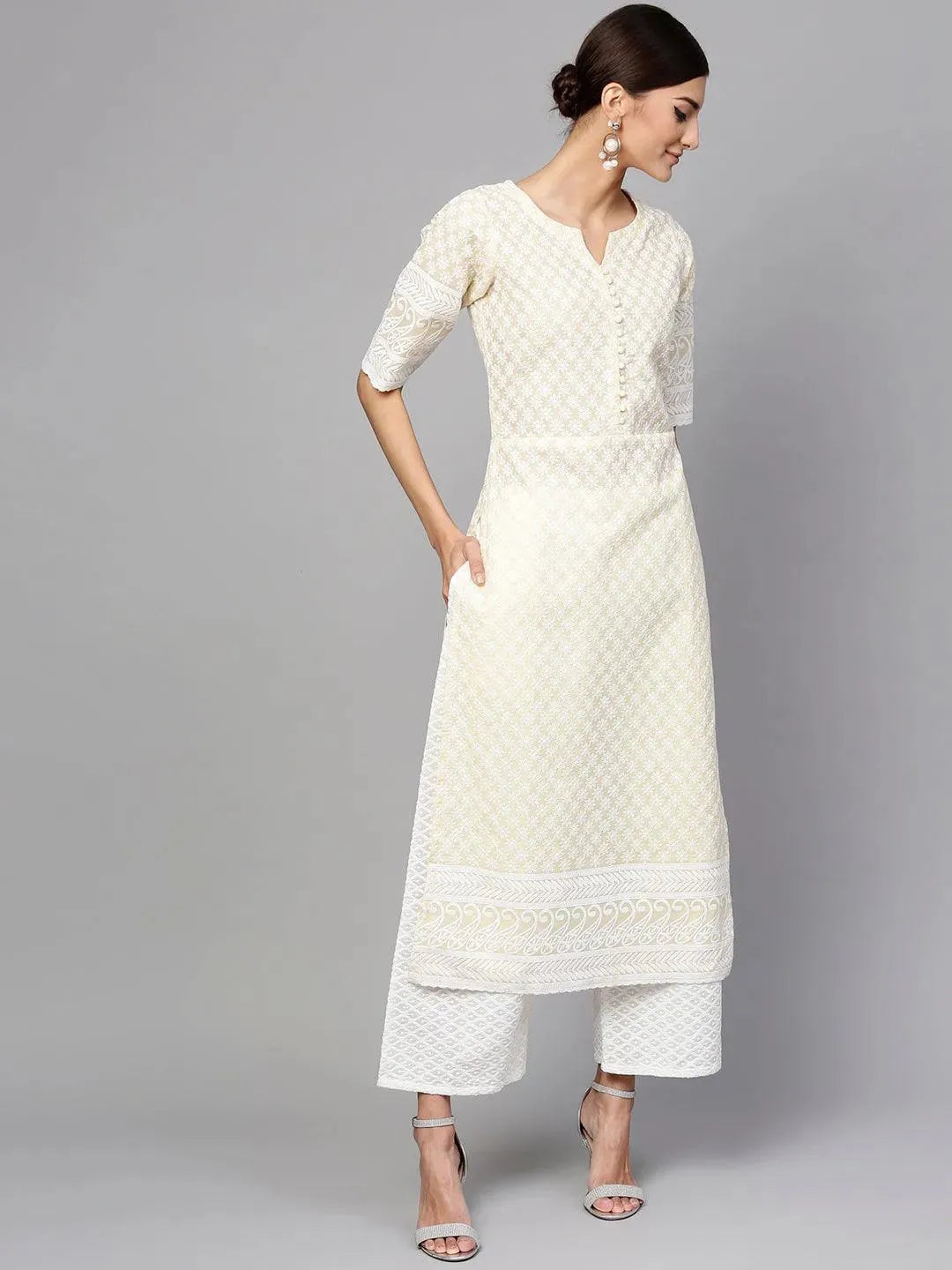 Anouk Yellow Schiffli Cotton Straight Kurta With Palazzos