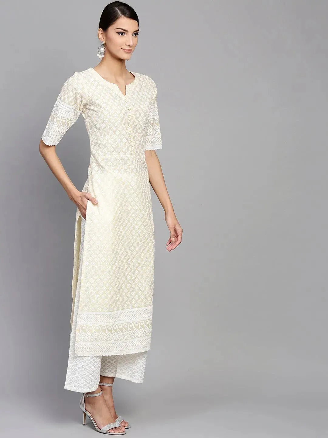 Anouk Yellow Schiffli Cotton Straight Kurta With Palazzos