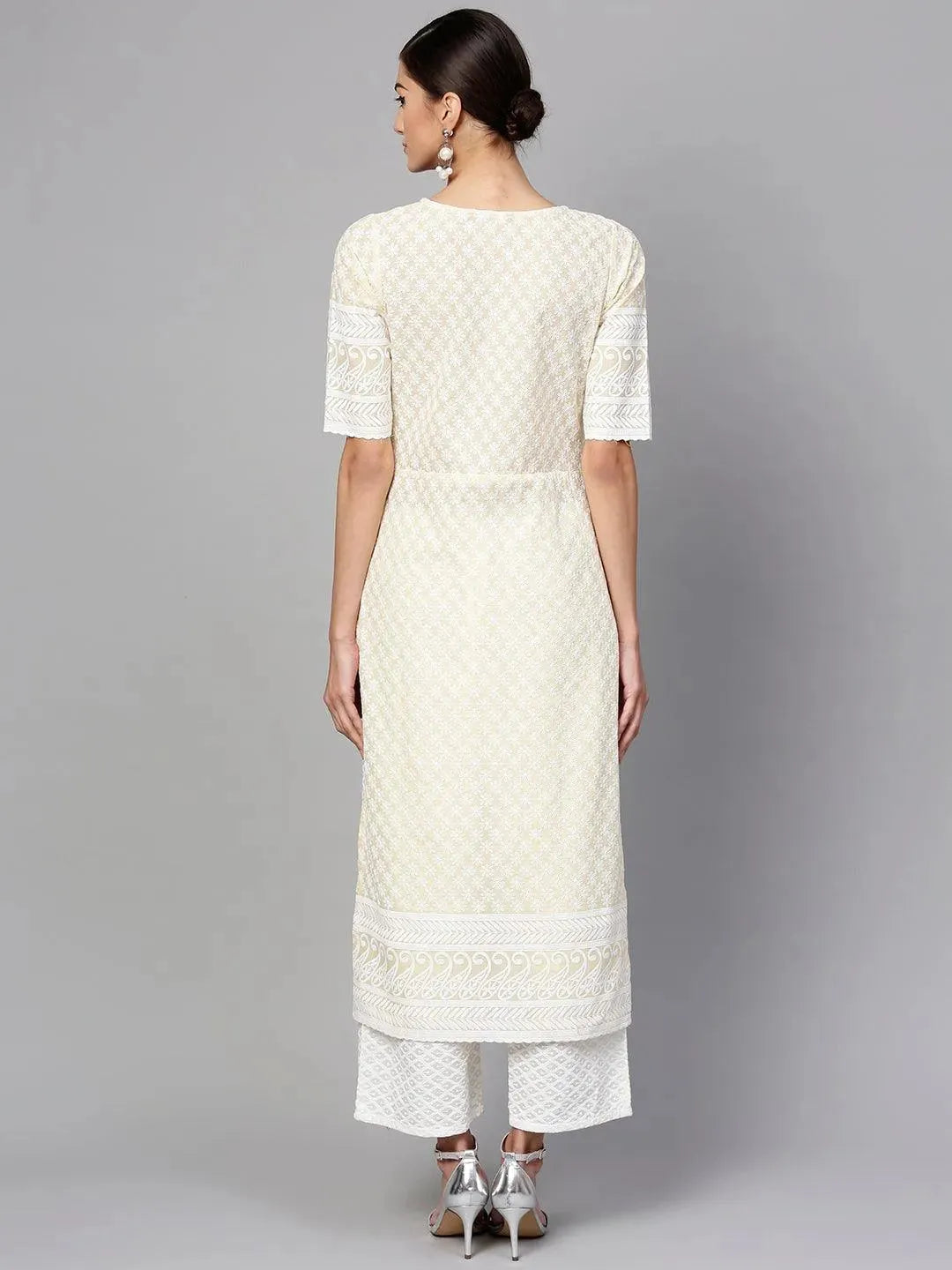 Anouk Yellow Schiffli Cotton Straight Kurta With Palazzos