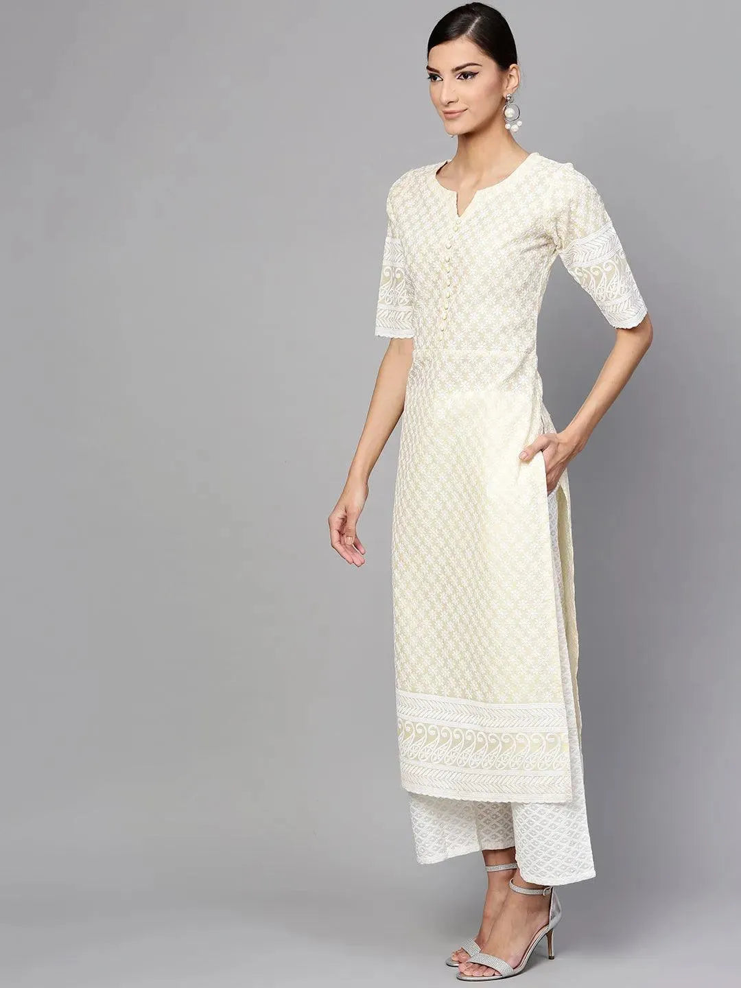 Anouk Yellow Schiffli Cotton Straight Kurta With Palazzos