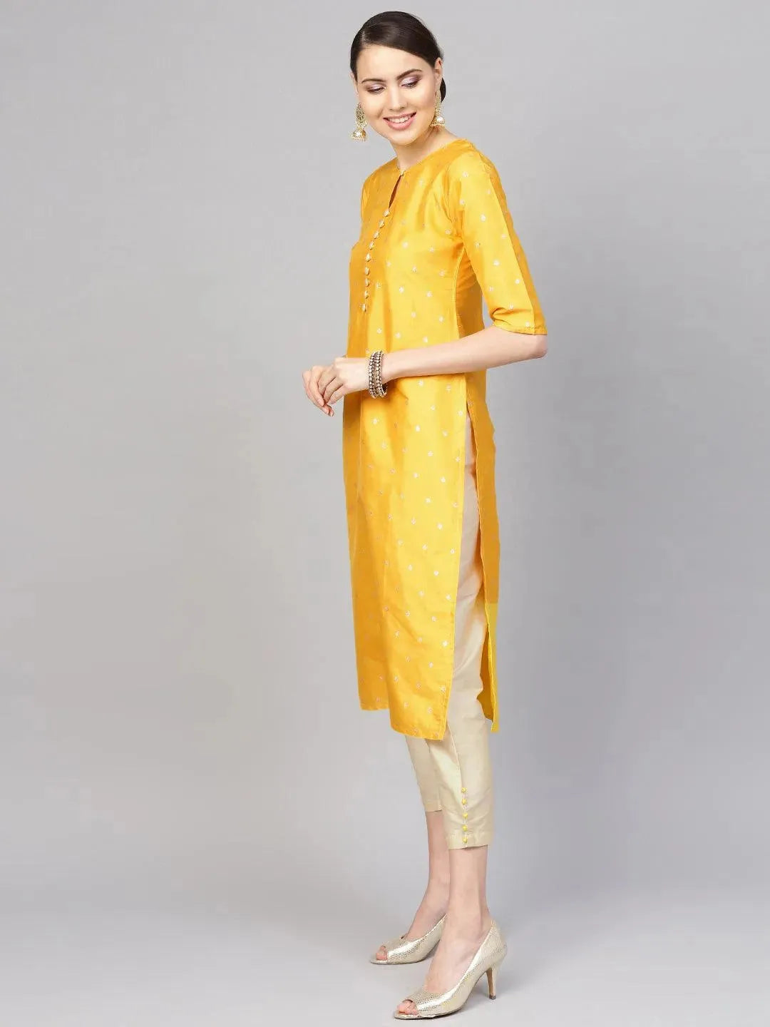 Anouk Yellow Self Design Chanderi Silk Straight Kurta With Dupatta