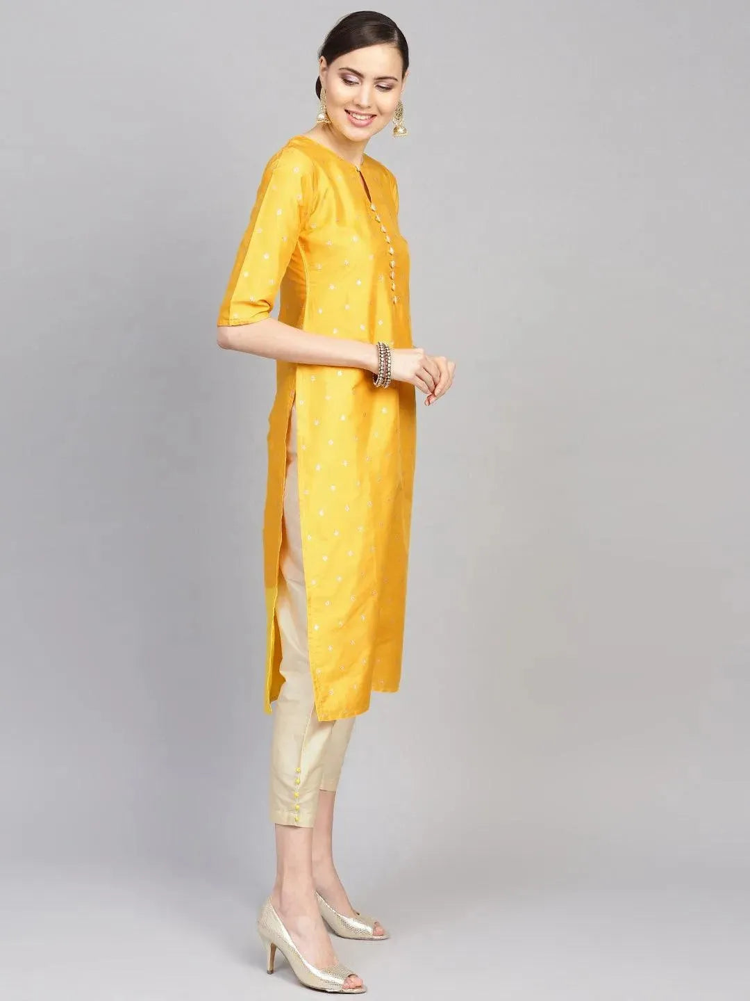 Anouk Yellow Self Design Chanderi Silk Straight Kurta With Dupatta