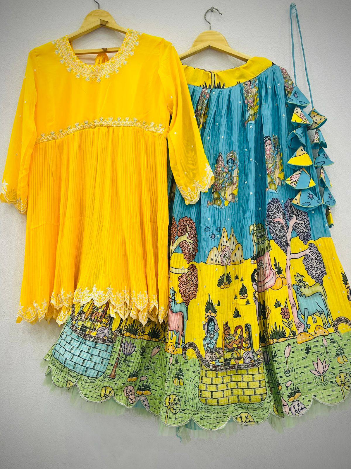 Yellow Silk Crepe Printed Lehenga Set with Embroidery & Sequins Work