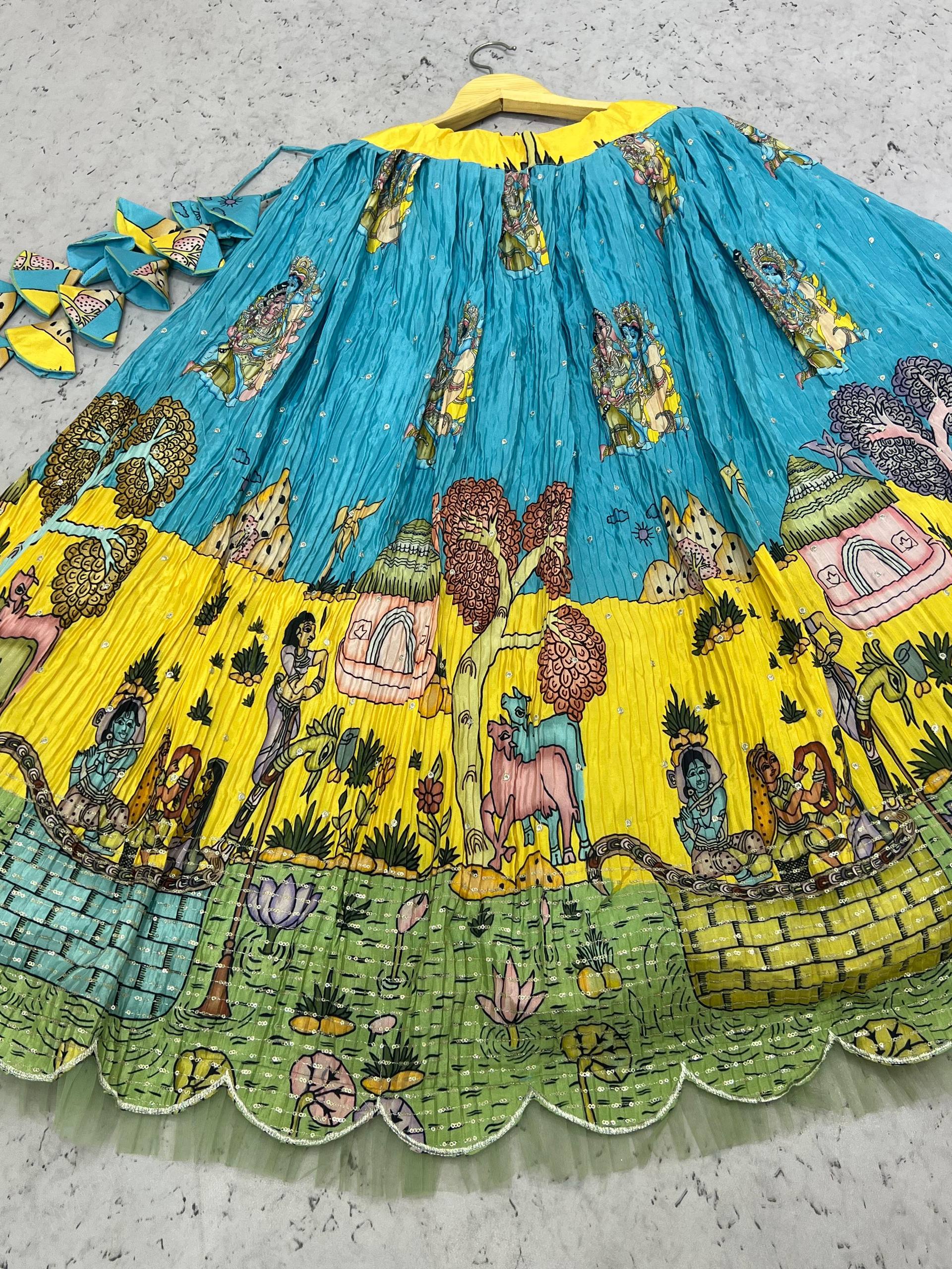 Yellow Silk Crepe Printed Lehenga Set with Embroidery & Sequins Work