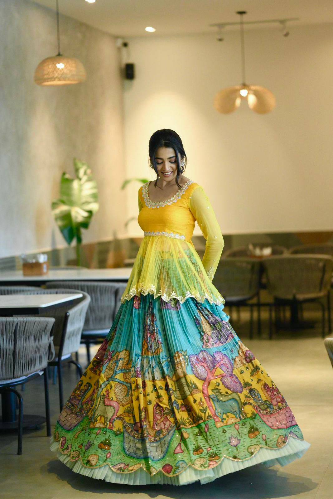 Yellow Silk Crepe Printed Lehenga Set with Embroidery & Sequins Work