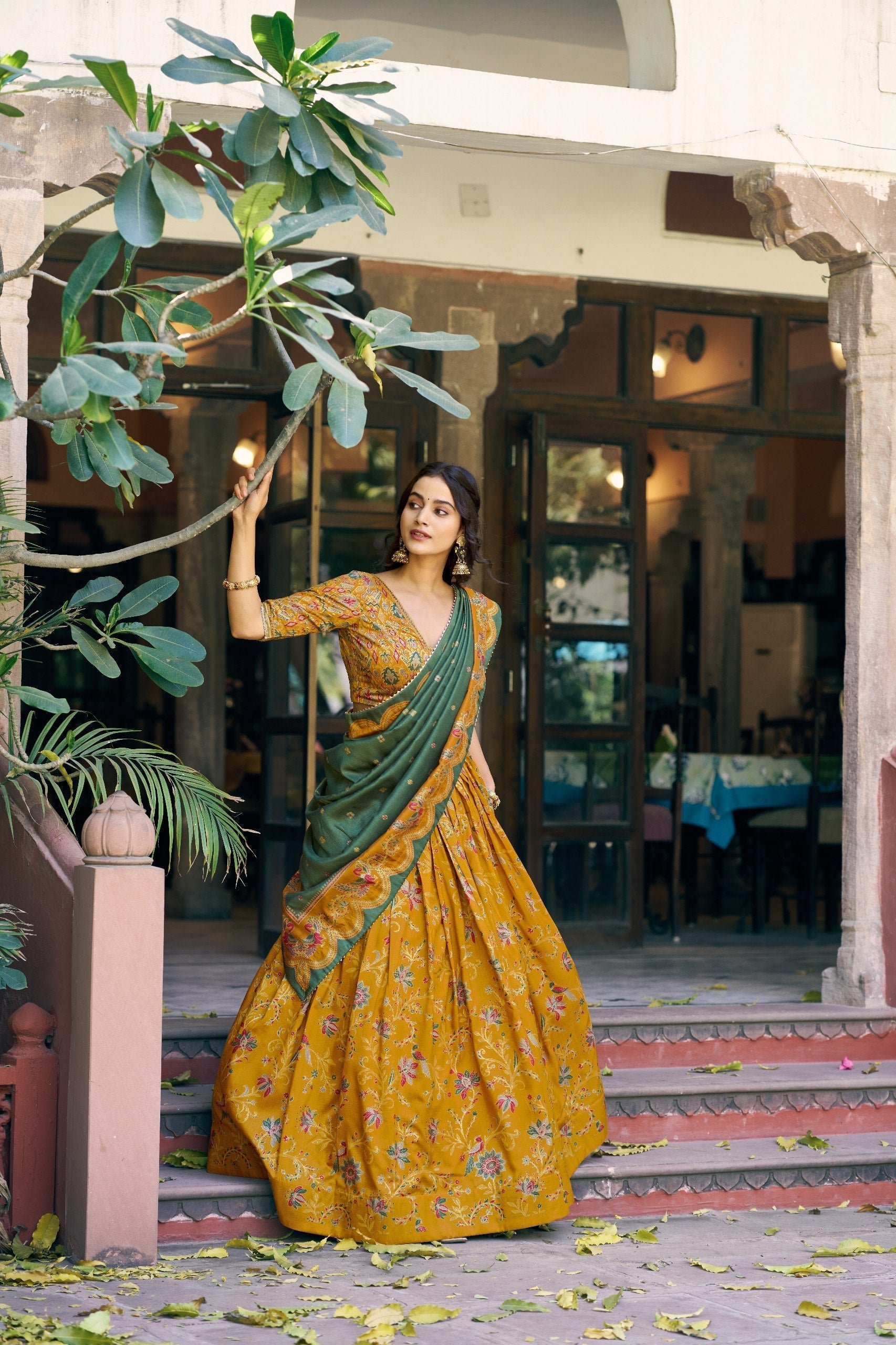 Yellow Silk Foil Print Lehenga Set