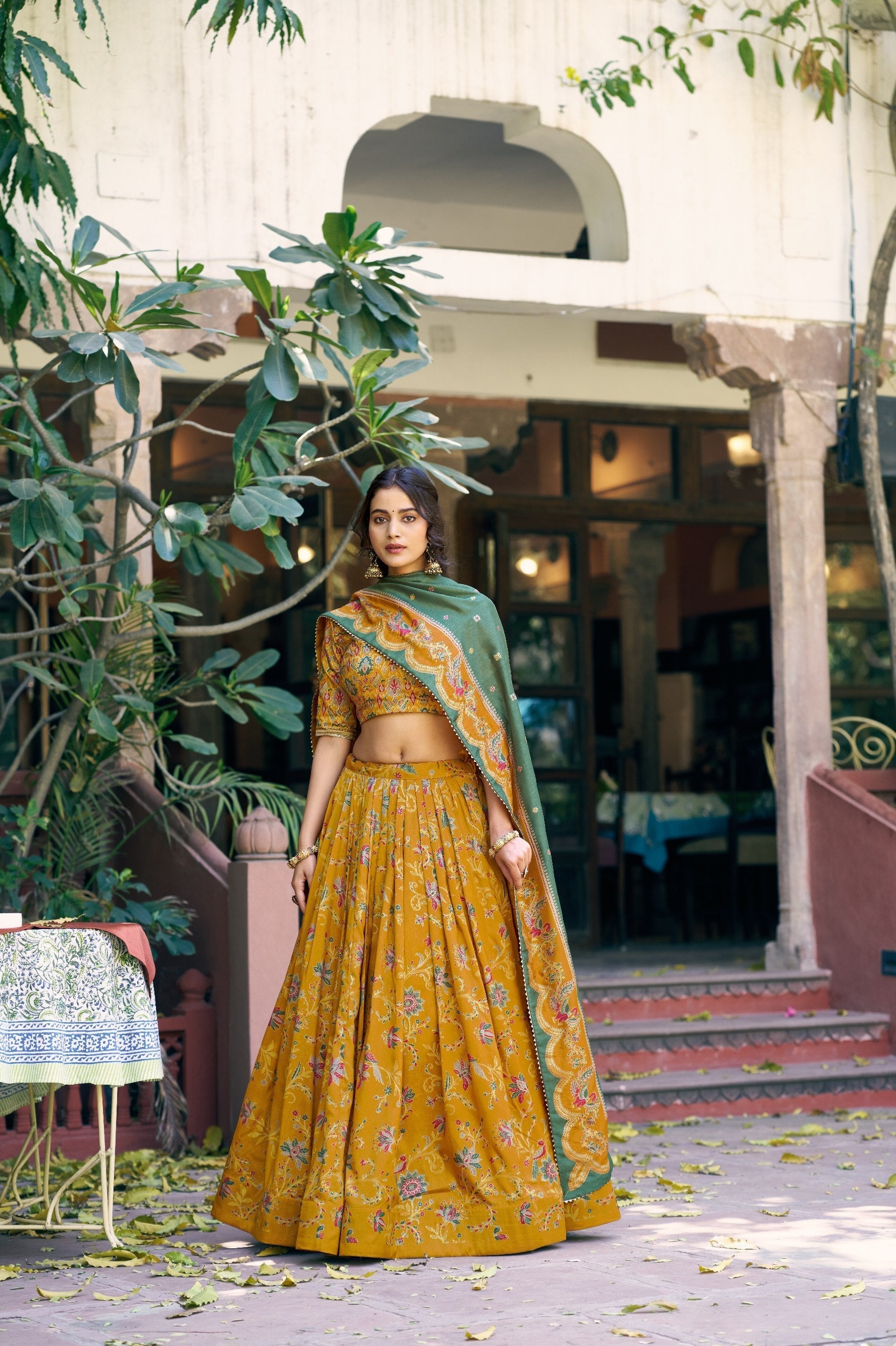 Yellow Silk Foil Print Lehenga Set