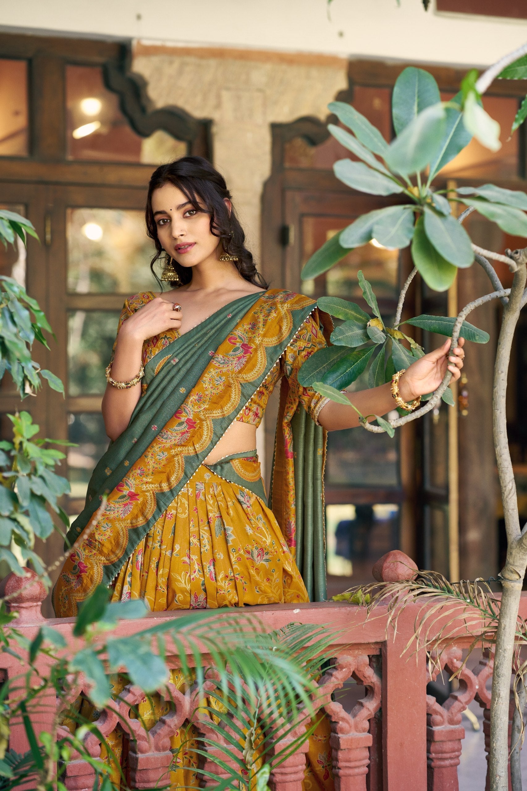 Yellow Silk Foil Print Lehenga Set