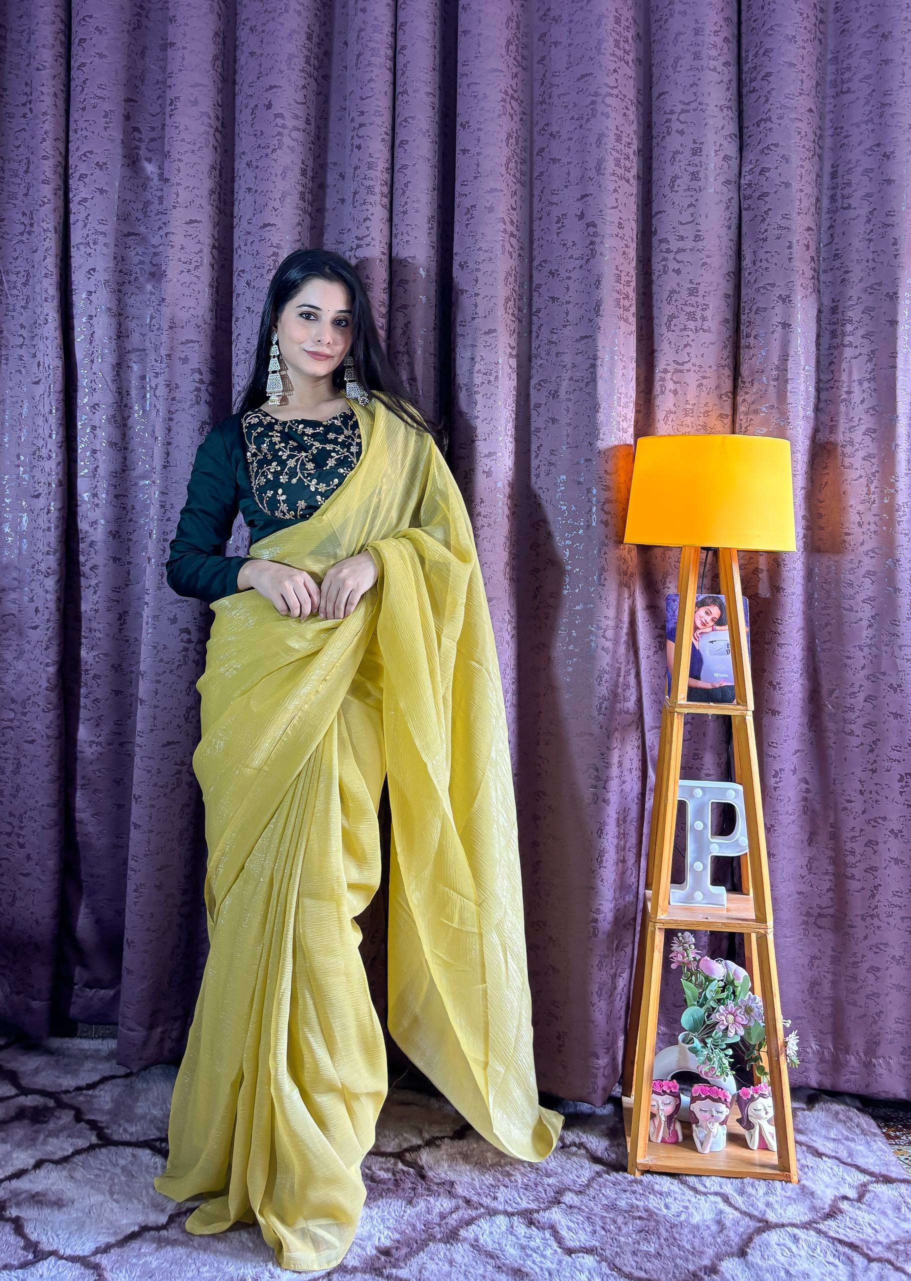 Yellow Sleeveless Charm, Jacketed Grace – Sparkle Silk Saree Set with Kasturi Silk Blouse & Koti