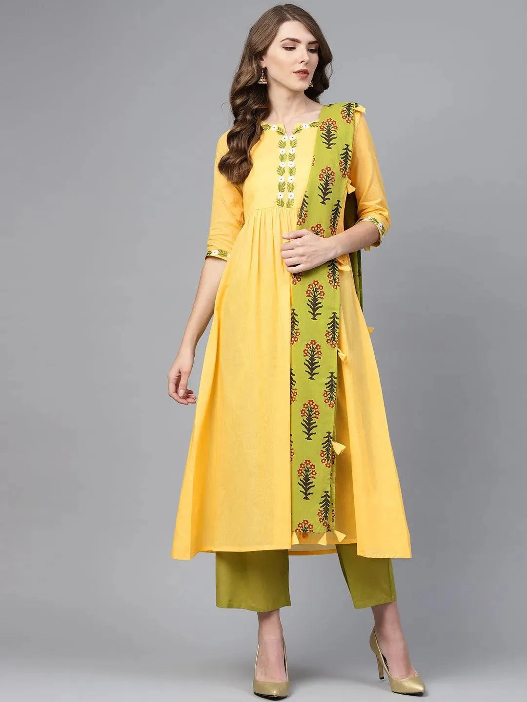 Anouk Yellow Solid Cotton A-Line Kurta With Palazzos & Dupatta