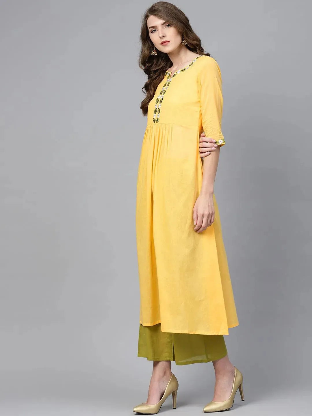 Anouk Yellow Solid Cotton A-Line Kurta With Palazzos & Dupatta