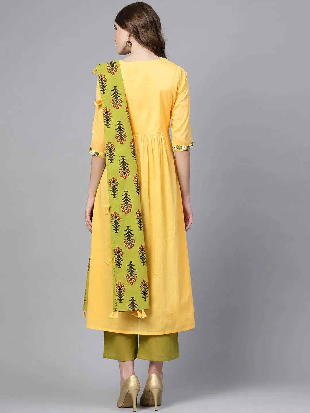Anouk Yellow Solid Cotton A-Line Kurta With Palazzos & Dupatta