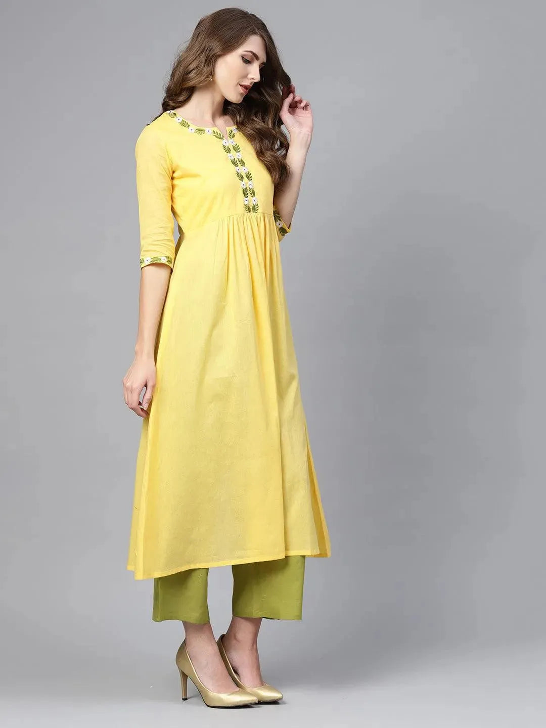 Anouk Yellow Solid Cotton A-Line Kurta With Palazzos & Dupatta