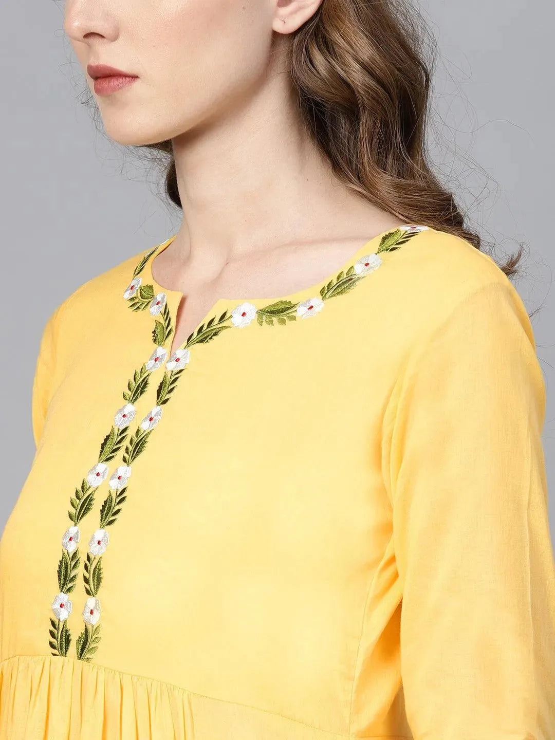Anouk Yellow Solid Cotton A-Line Kurta With Palazzos & Dupatta