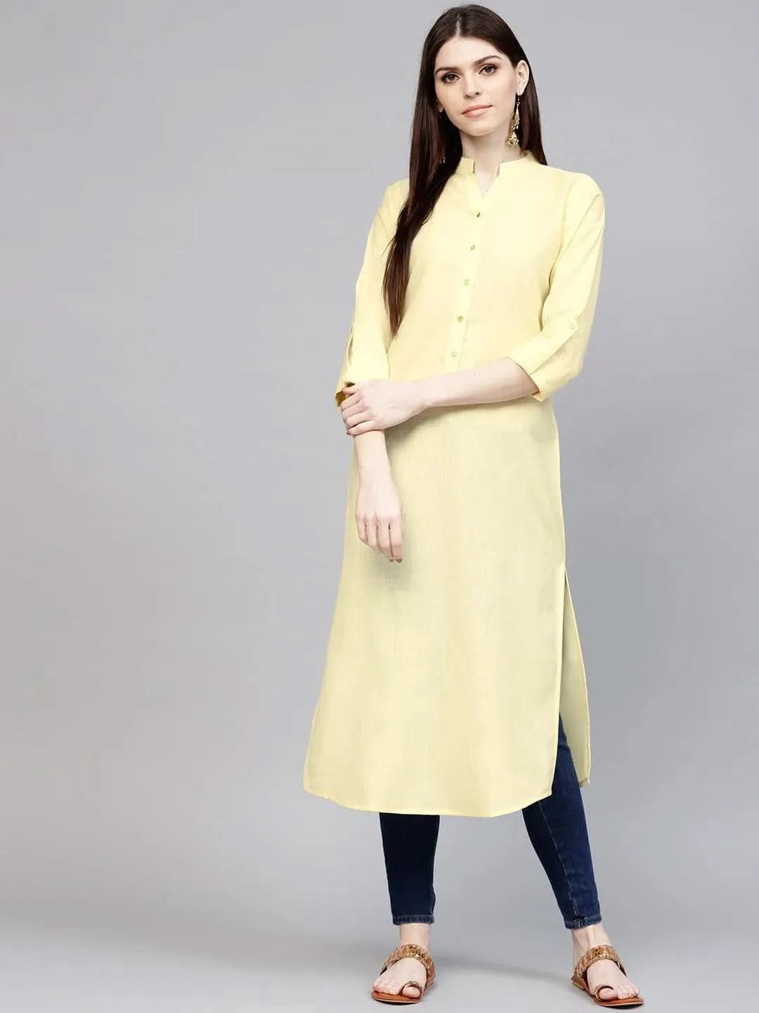 Anouk Yellow Solid Cotton Kurta