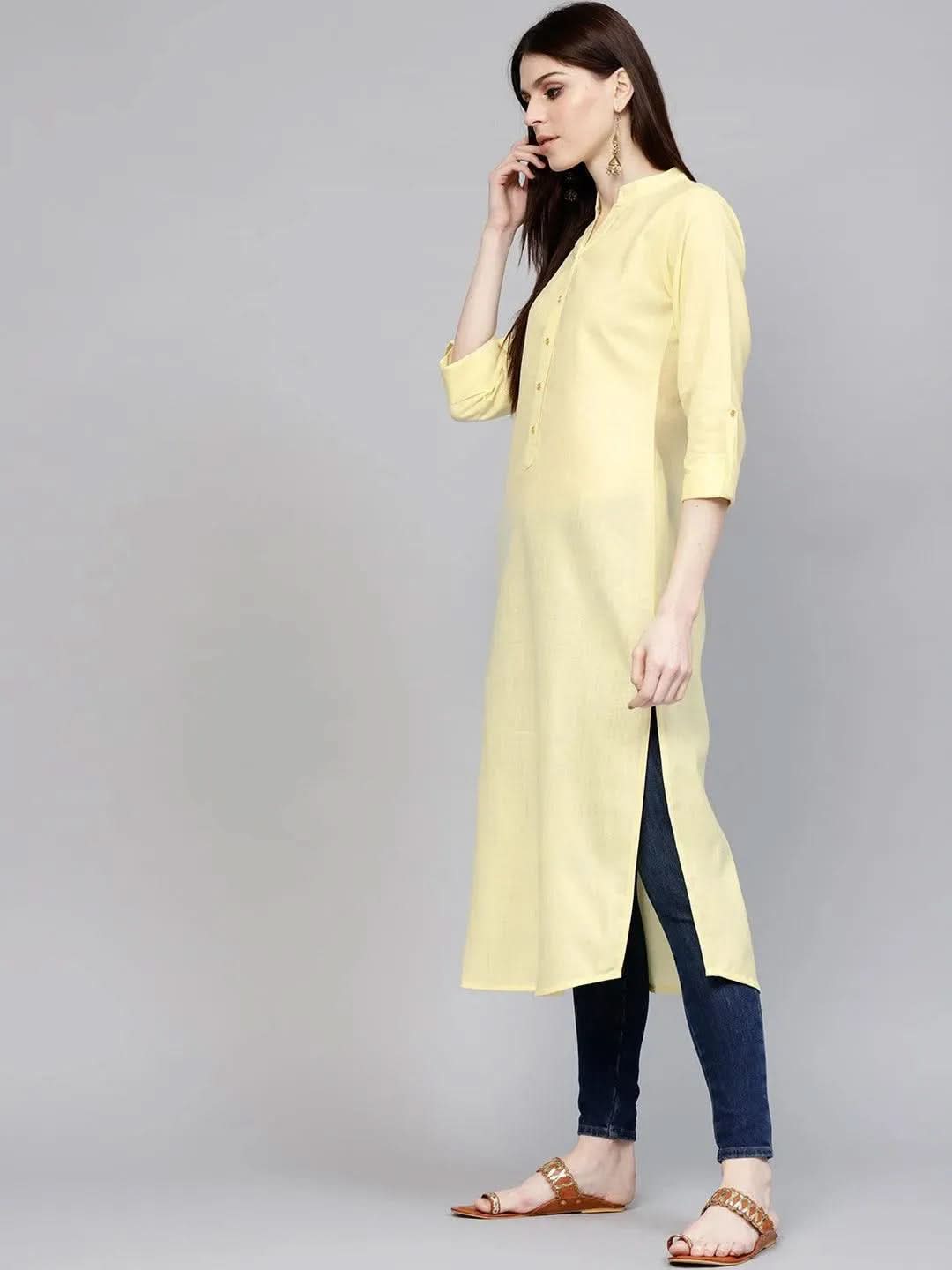 Anouk Yellow Solid Cotton Kurta