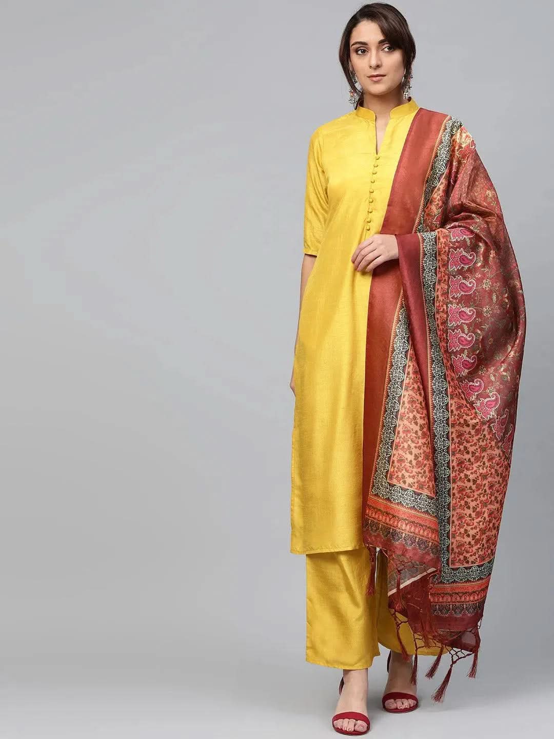 Anouk Yellow Solid Muslin Straight Kurta With Palazzos & Dupatta