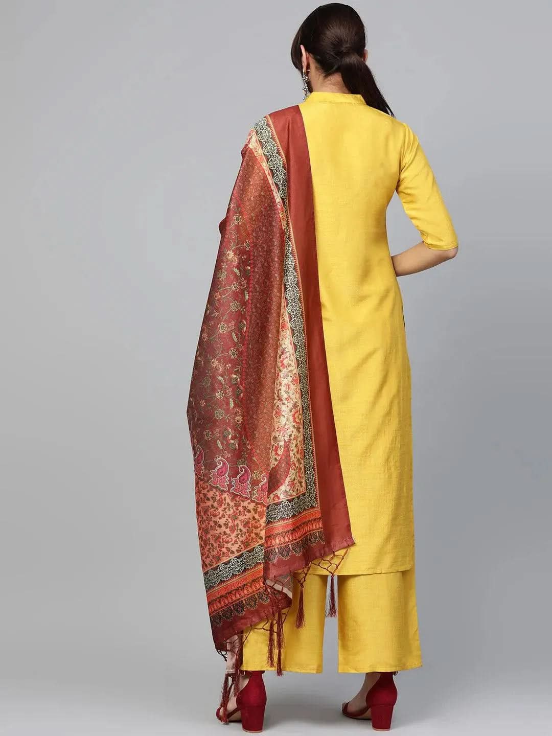 Anouk Yellow Solid Muslin Straight Kurta With Palazzos & Dupatta