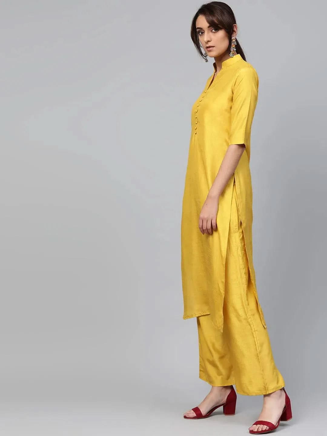 Anouk Yellow Solid Muslin Straight Kurta With Palazzos & Dupatta