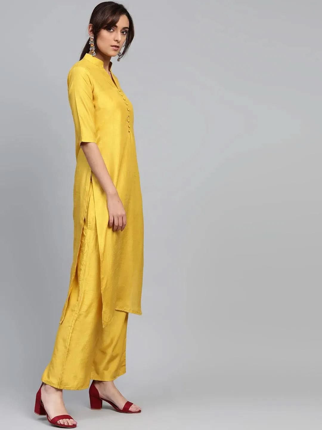 Anouk Yellow Solid Muslin Straight Kurta With Palazzos & Dupatta