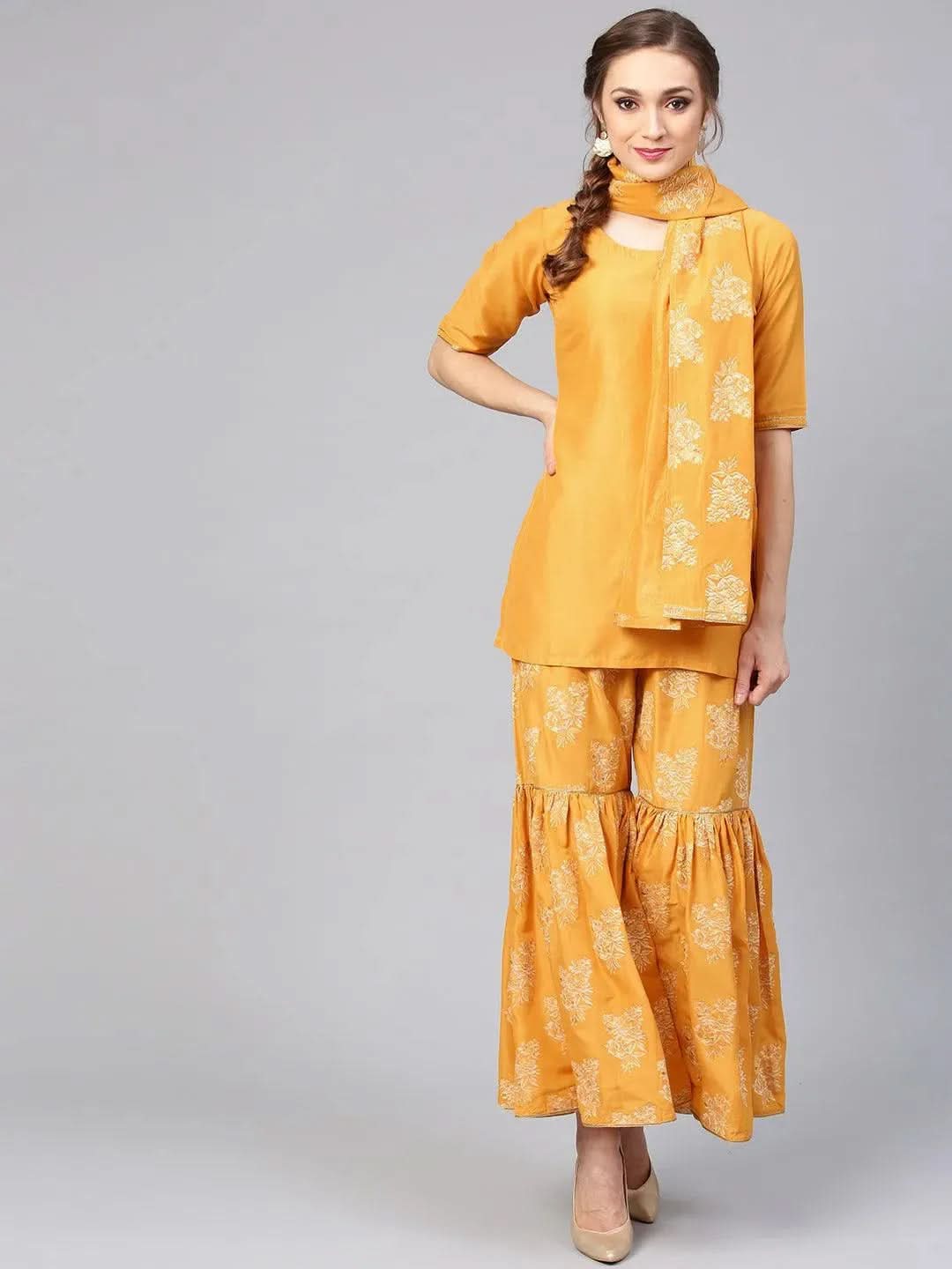 Anouk Yellow Solid Muslin Straight Kurta With Sharara & Dupatta