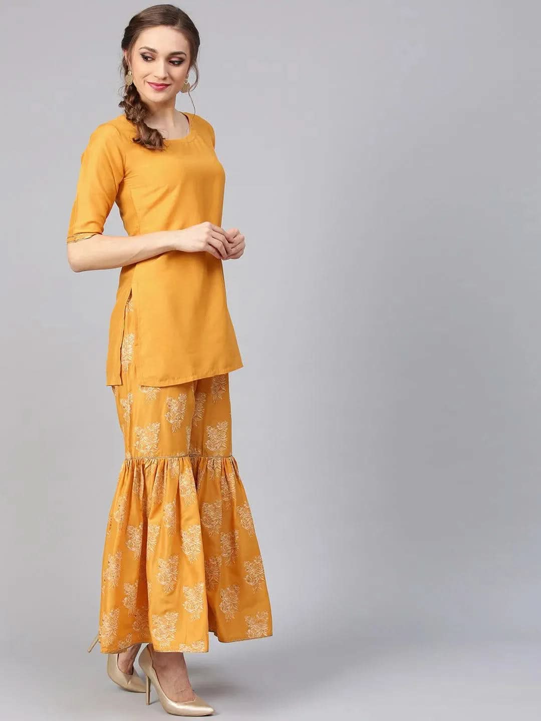 Anouk Yellow Solid Muslin Straight Kurta With Sharara & Dupatta