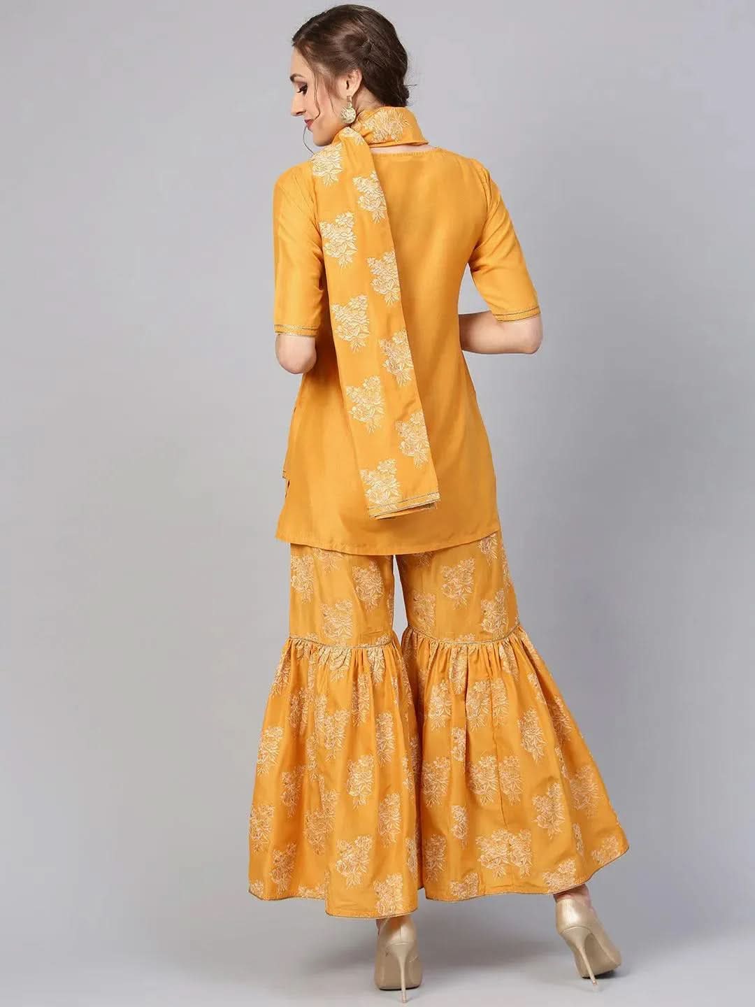 Anouk Yellow Solid Muslin Straight Kurta With Sharara & Dupatta
