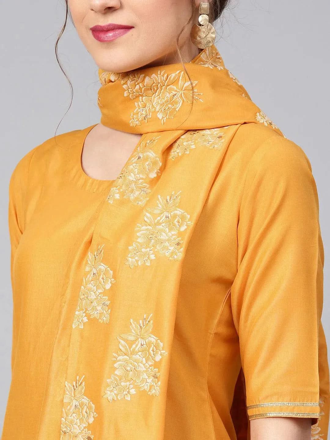 Anouk Yellow Solid Muslin Straight Kurta With Sharara & Dupatta