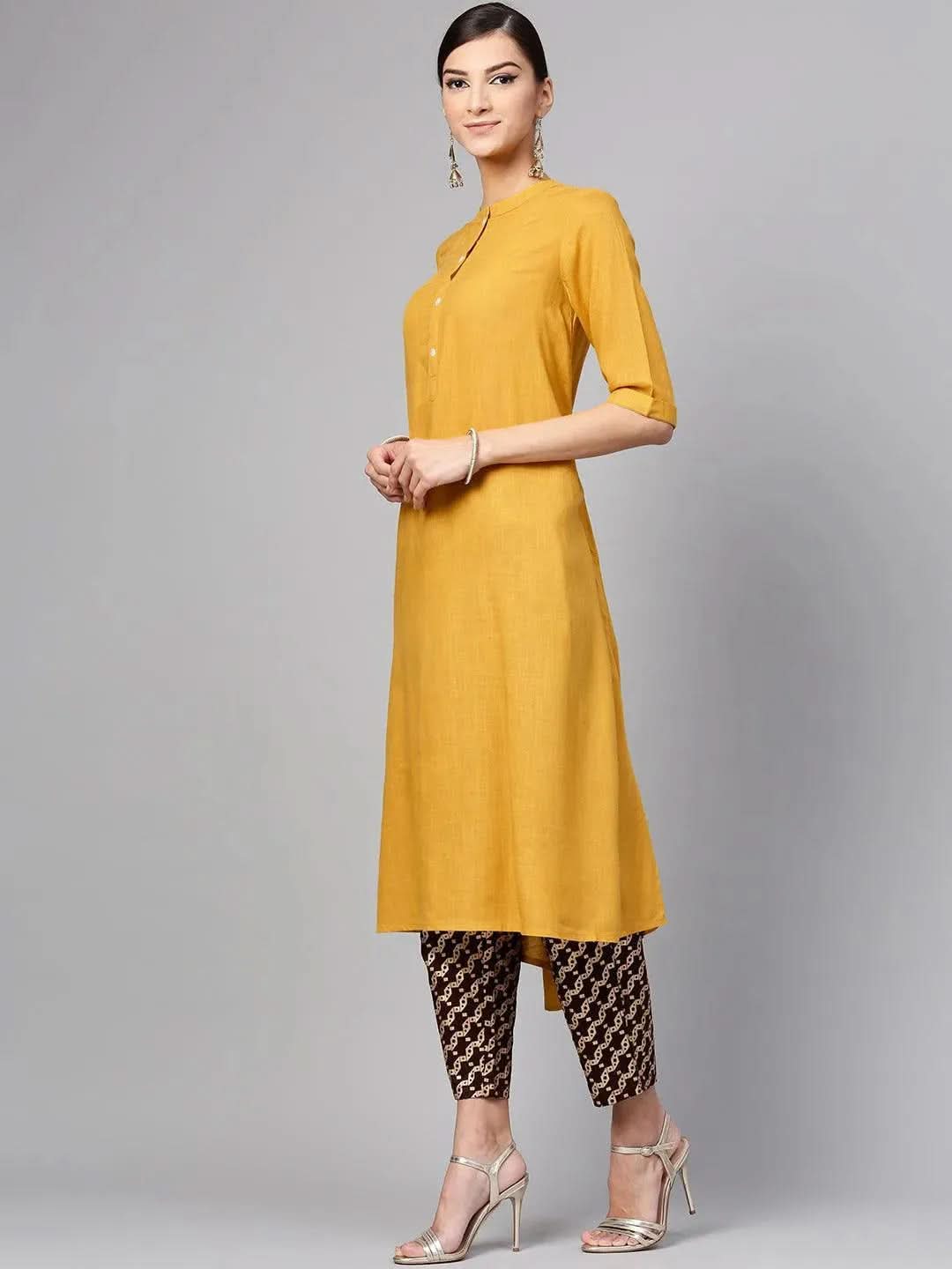 Anouk Yellow Solid Rayon A-Line Kurta With Trousers