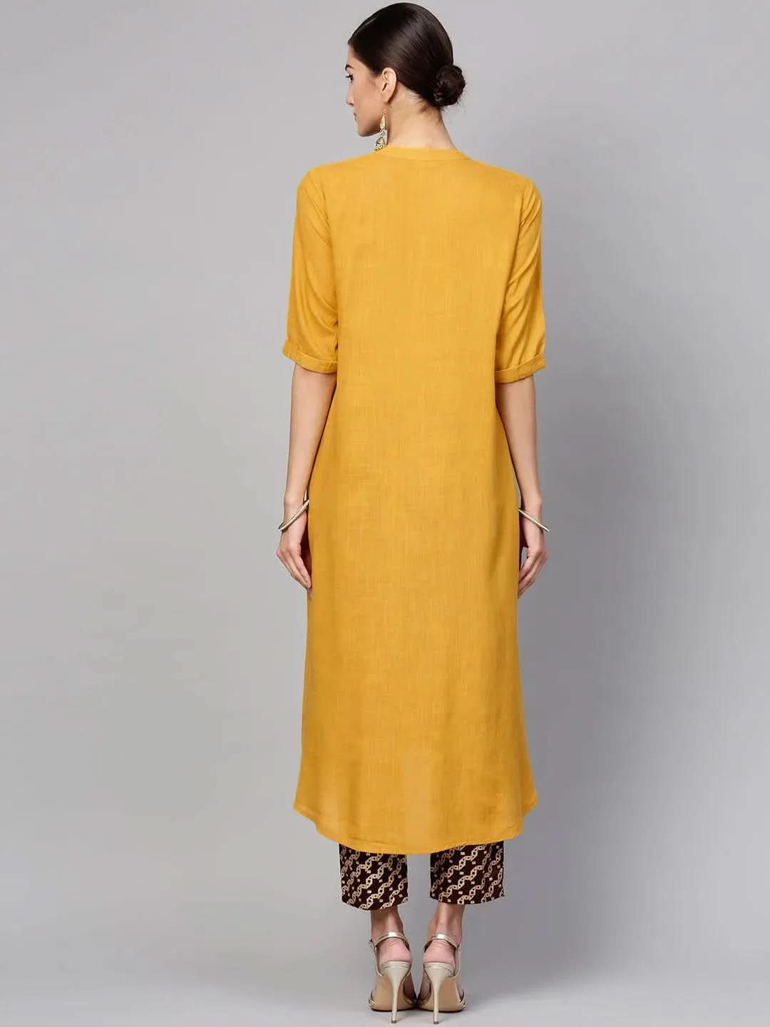 Anouk Yellow Solid Rayon A-Line Kurta With Trousers