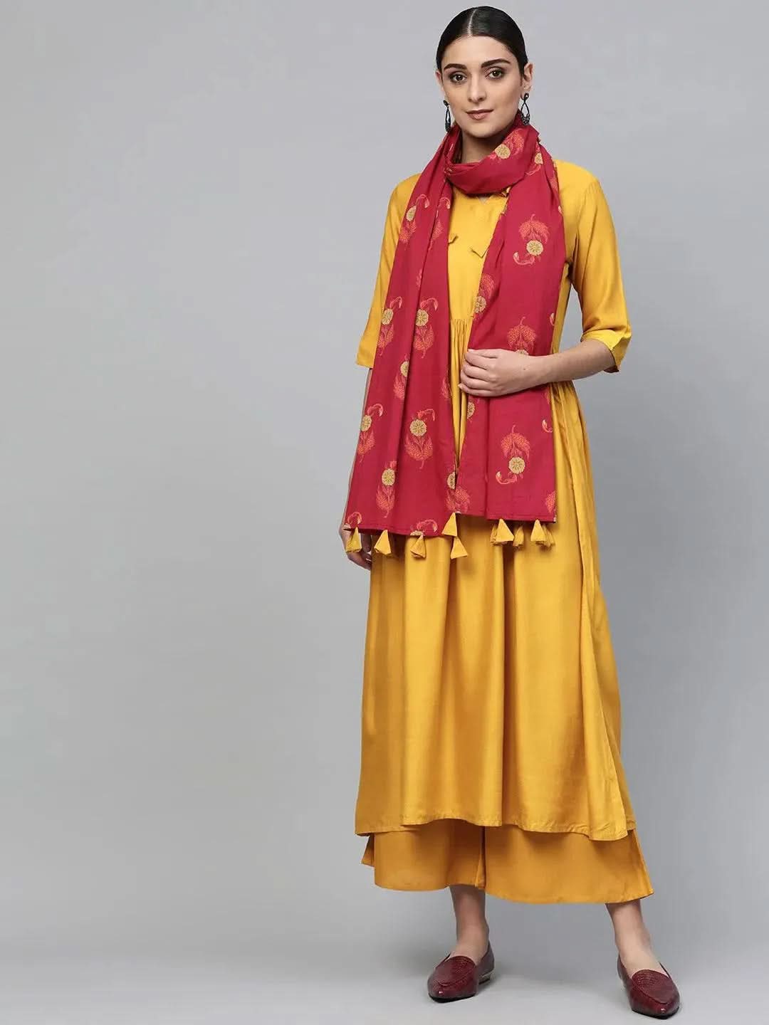 Anouk Yellow Solid Rayon Anarkali Kurta With Palazzos & Dupatta