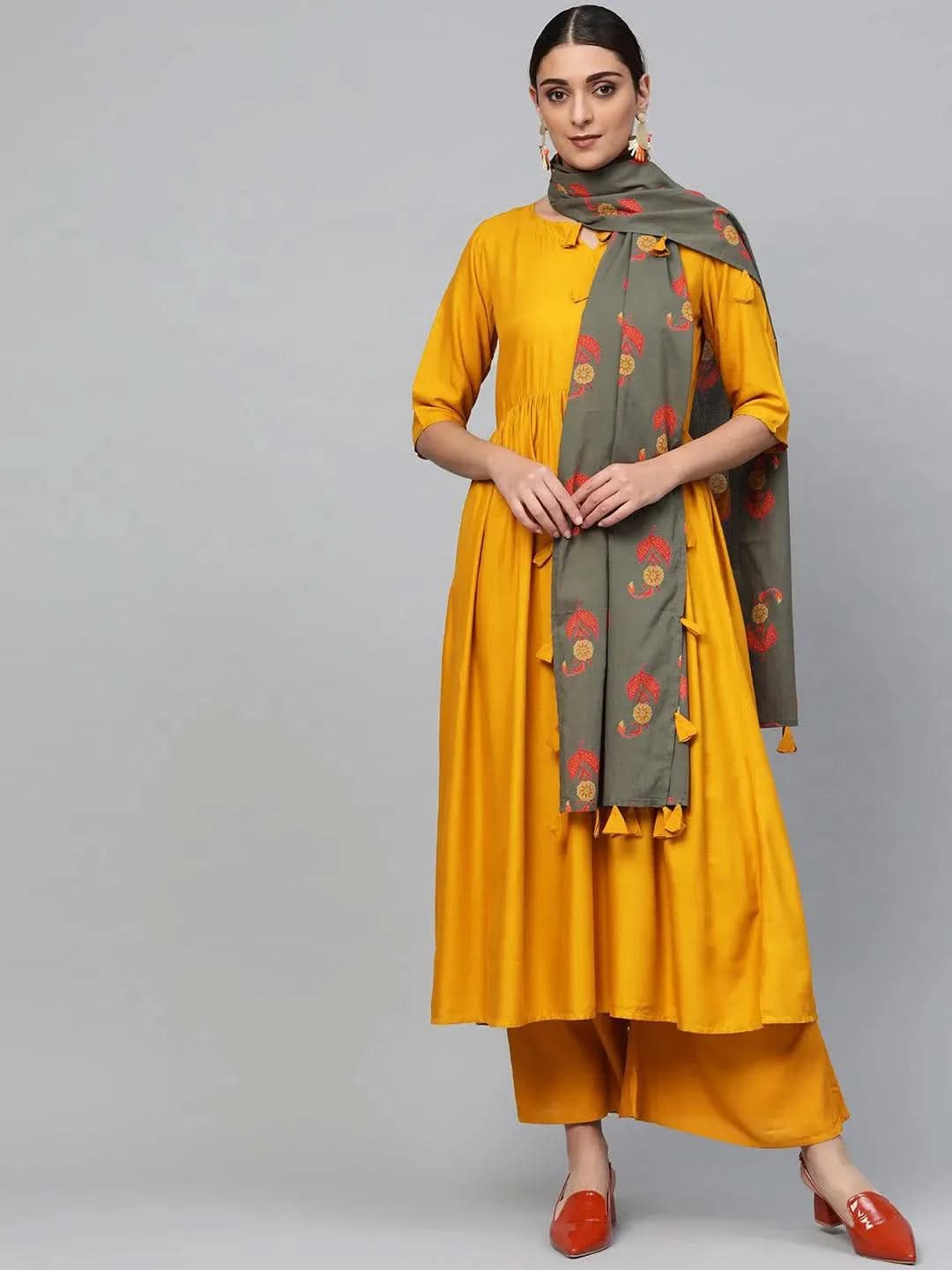 Anouk Yellow Solid Rayon Anarkali Kurta With Palazzos & Dupatta