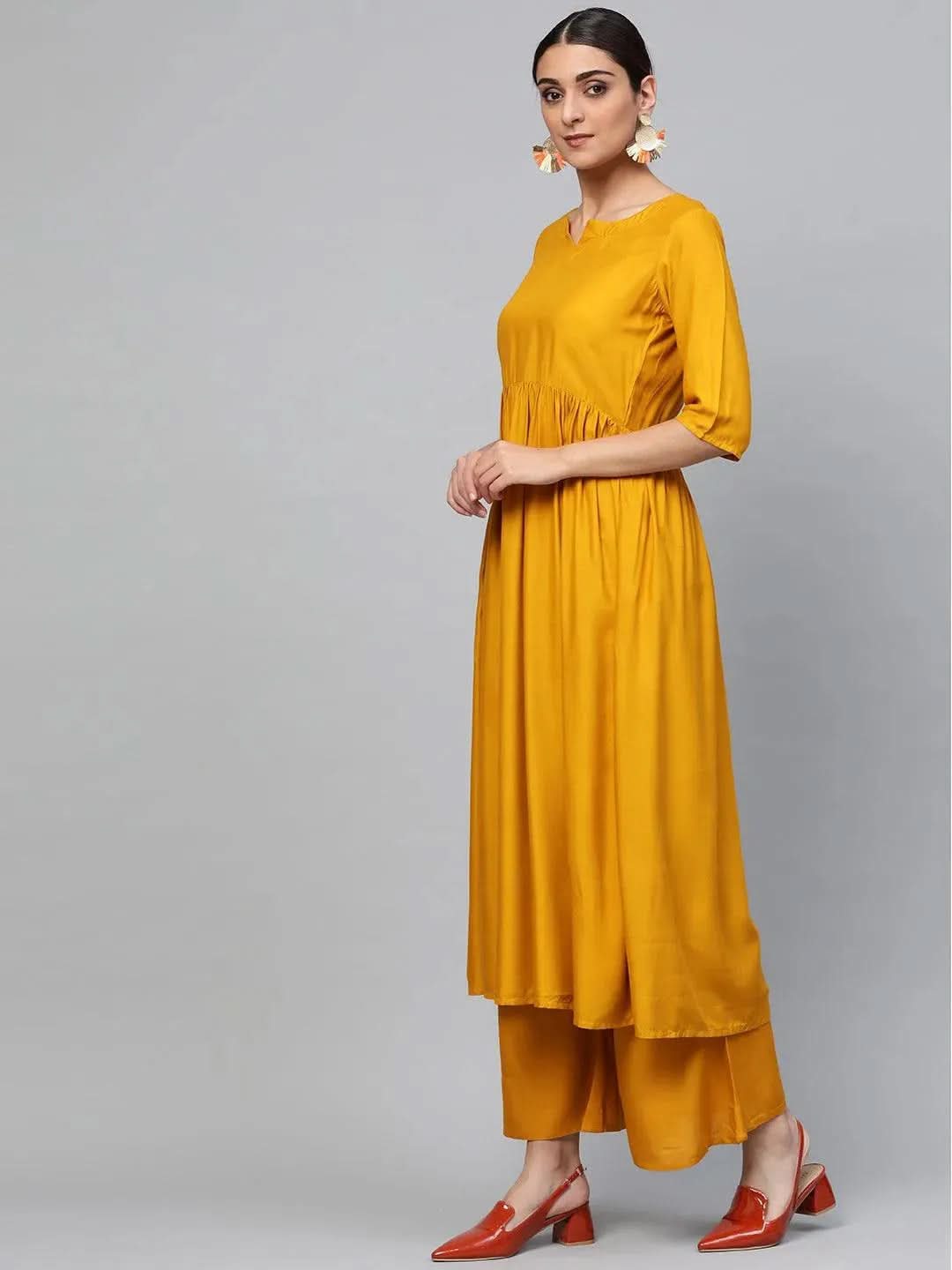 Anouk Yellow Solid Rayon Anarkali Kurta With Palazzos & Dupatta