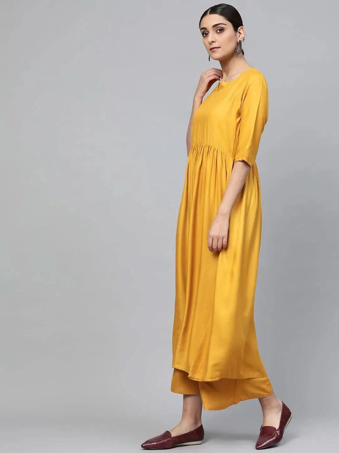 Anouk Yellow Solid Rayon Anarkali Kurta With Palazzos & Dupatta