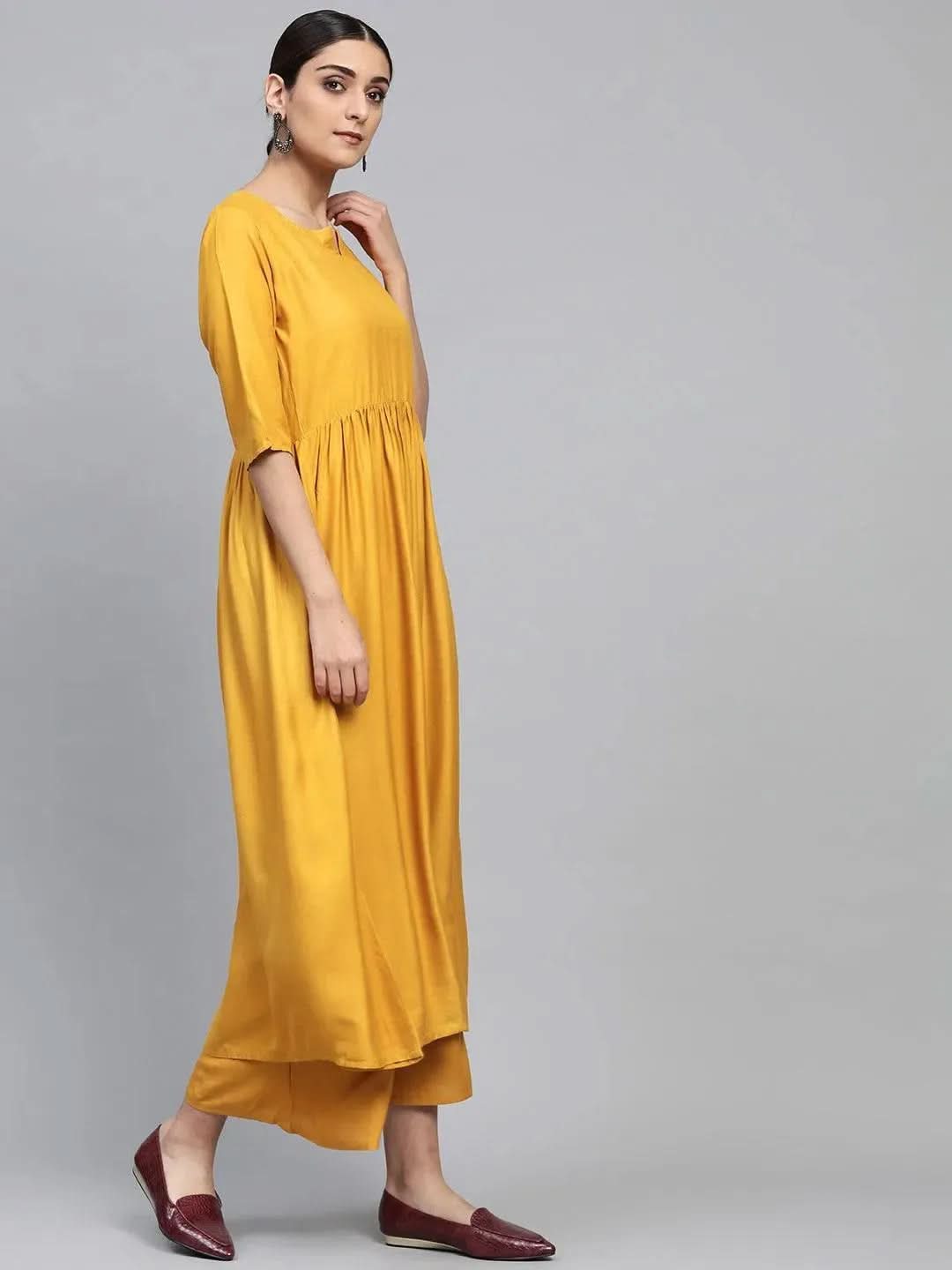 Anouk Yellow Solid Rayon Anarkali Kurta With Palazzos & Dupatta