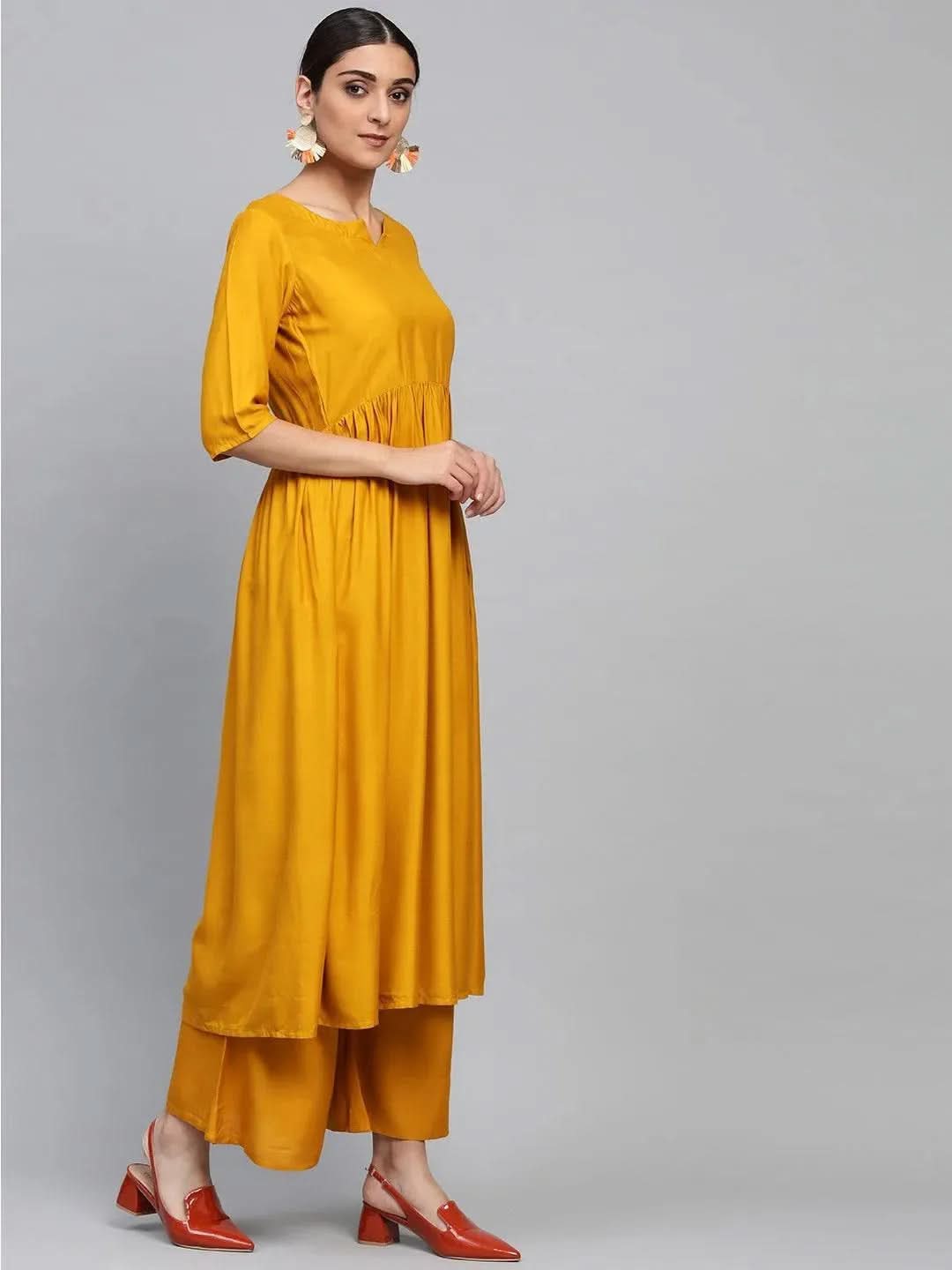 Anouk Yellow Solid Rayon Anarkali Kurta With Palazzos & Dupatta