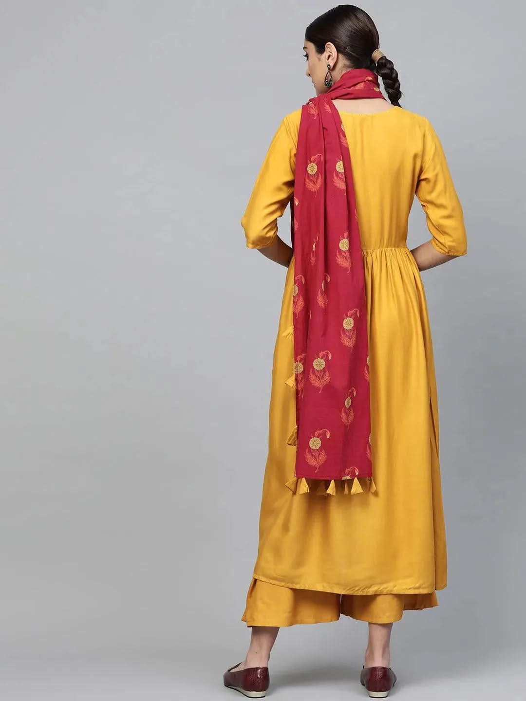 Anouk Yellow Solid Rayon Anarkali Kurta With Palazzos & Dupatta