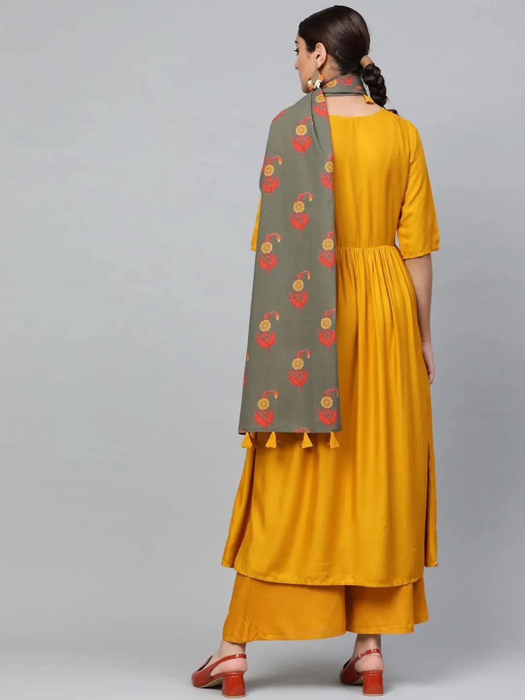 Anouk Yellow Solid Rayon Anarkali Kurta With Palazzos & Dupatta