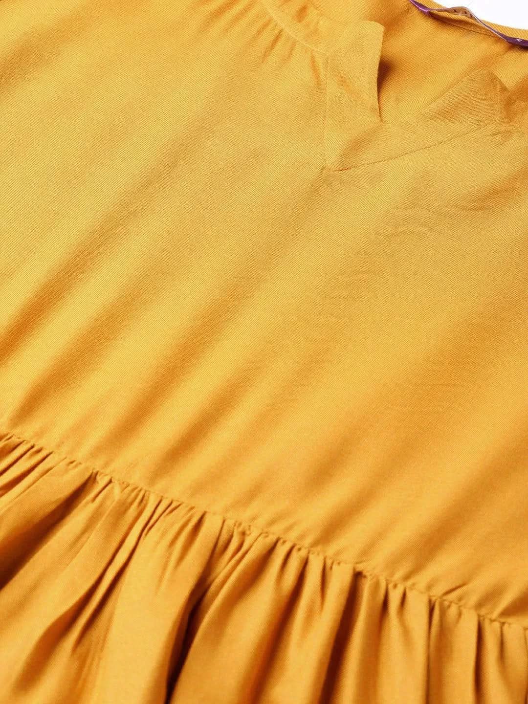 Anouk Yellow Solid Rayon Anarkali Kurta With Palazzos & Dupatta