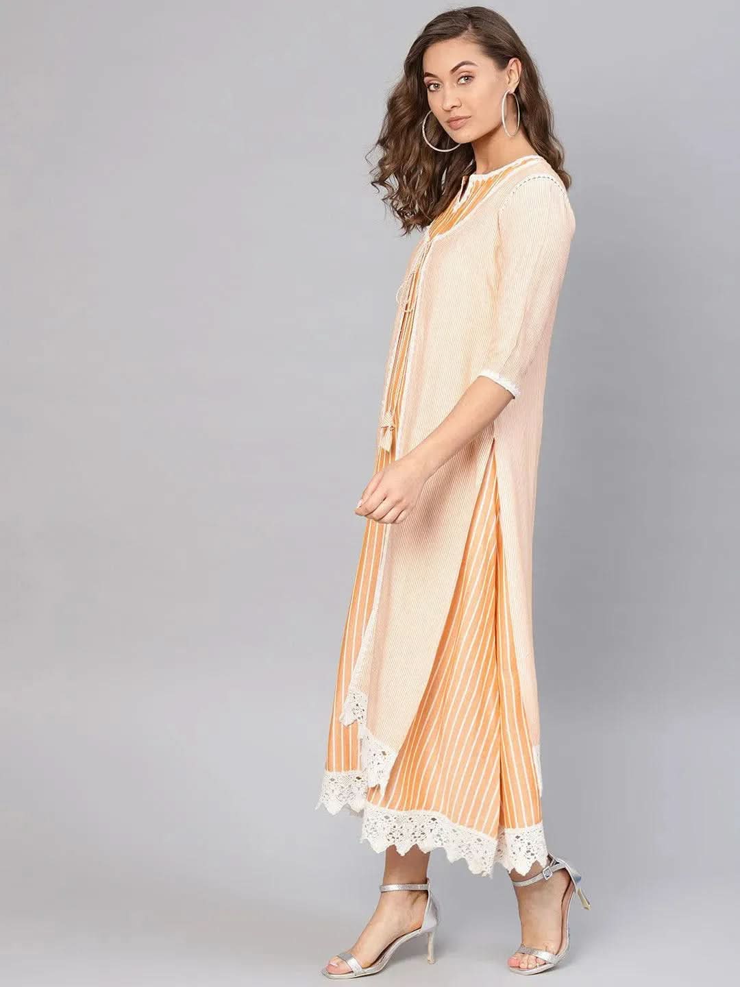 Anouk Yellow Striped Cotton Dress With Jacket