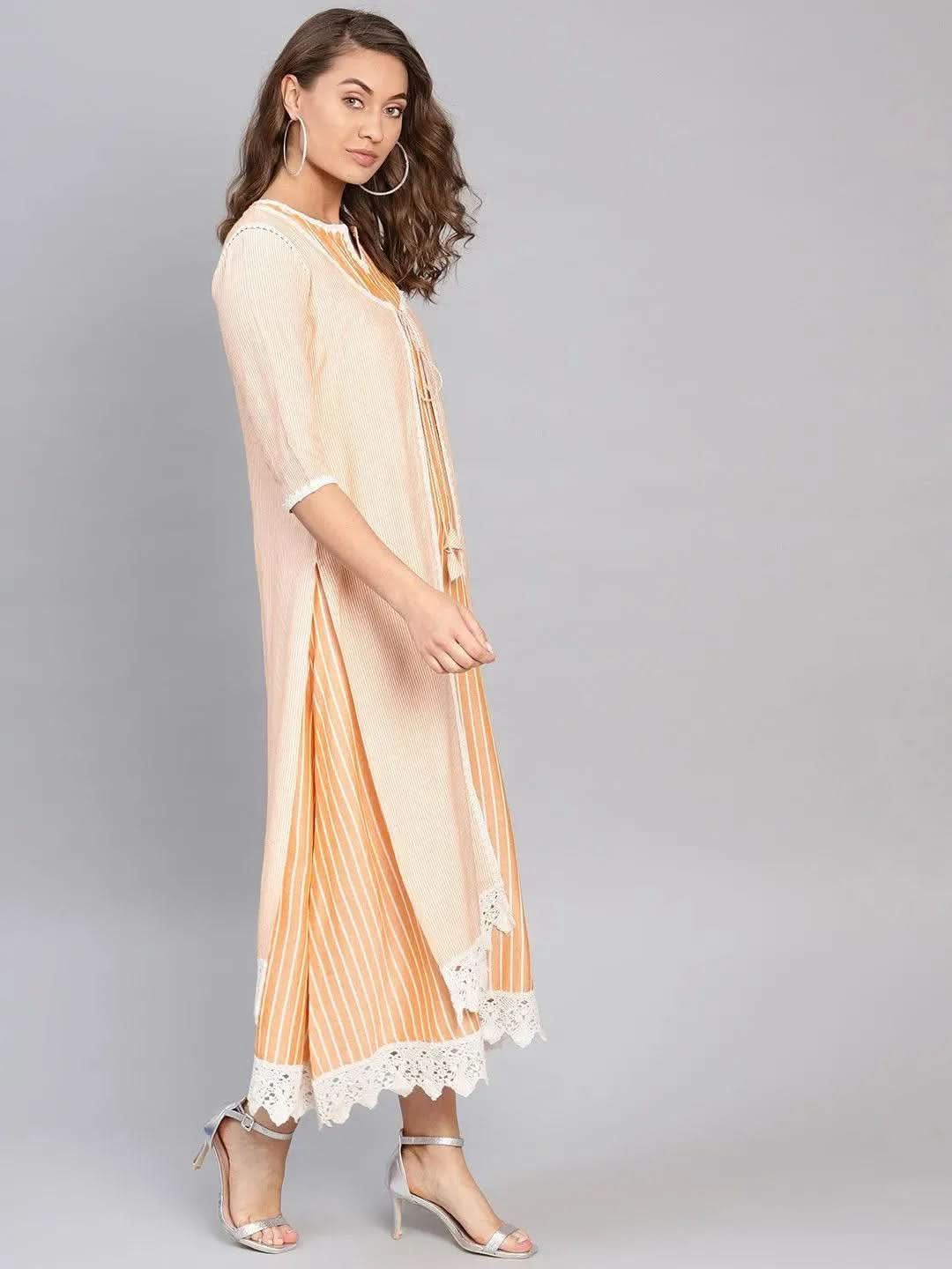 Anouk Yellow Striped Cotton Dress With Jacket