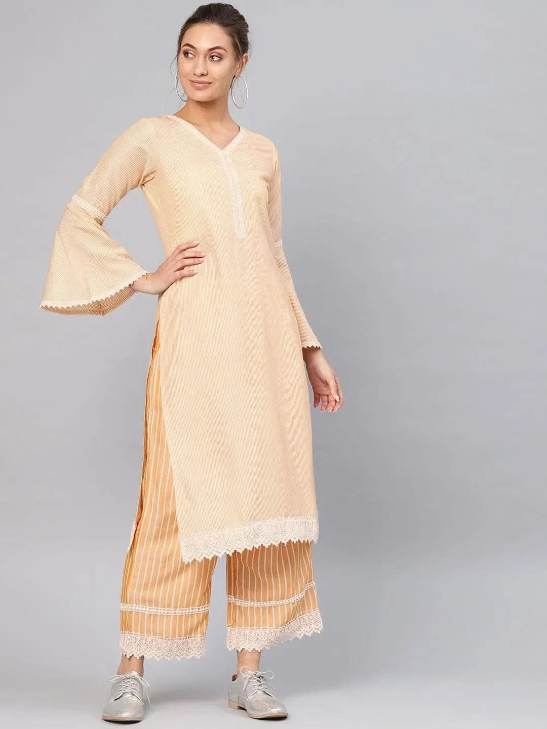 Anouk Yellow Striped Cotton Straight Kurta With Palazzos
