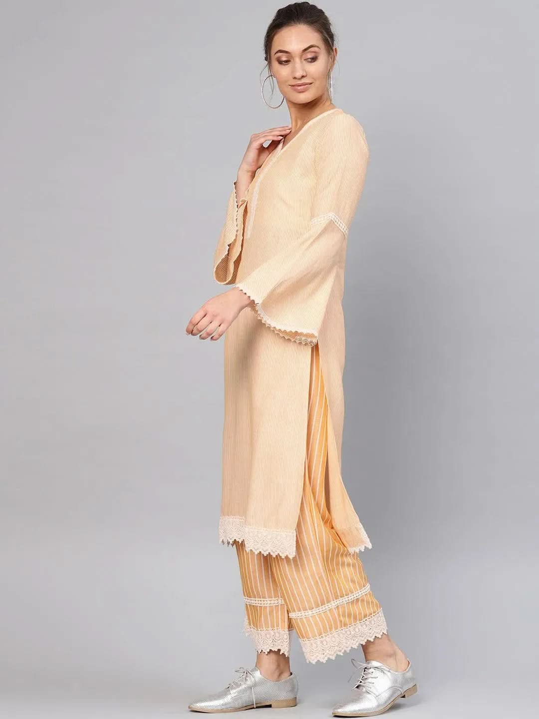 Anouk Yellow Striped Cotton Straight Kurta With Palazzos