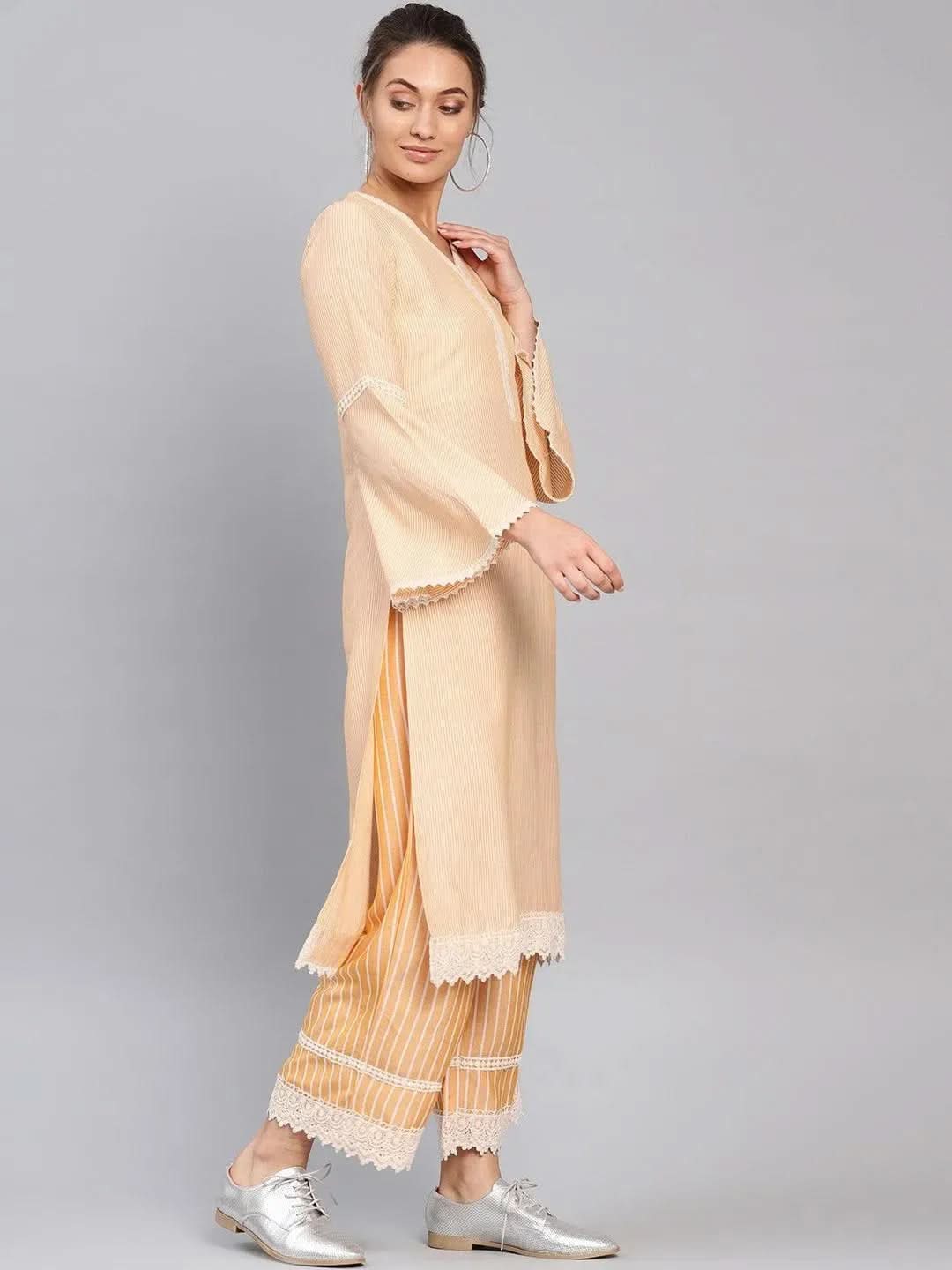Anouk Yellow Striped Cotton Straight Kurta With Palazzos