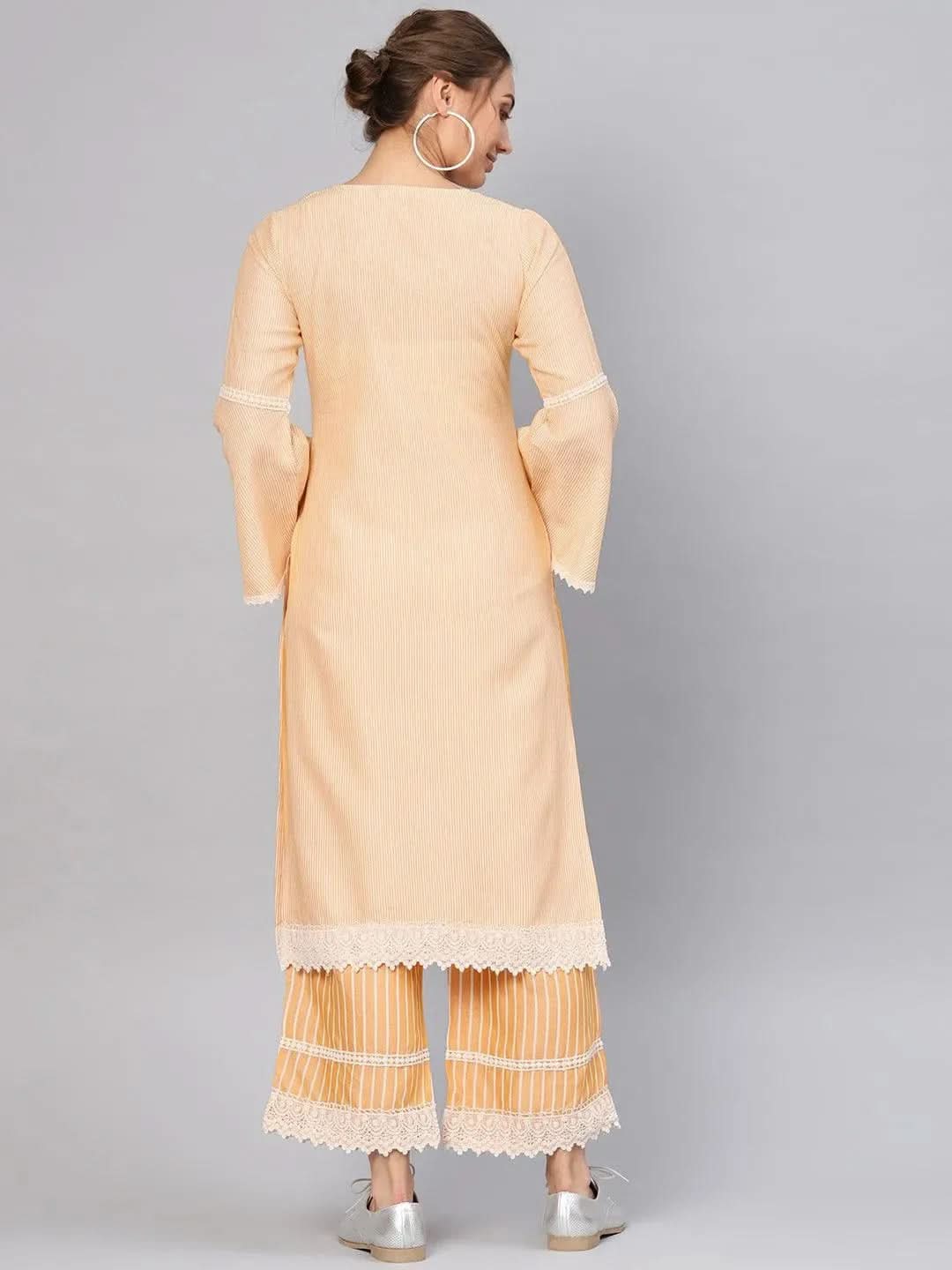 Anouk Yellow Striped Cotton Straight Kurta With Palazzos