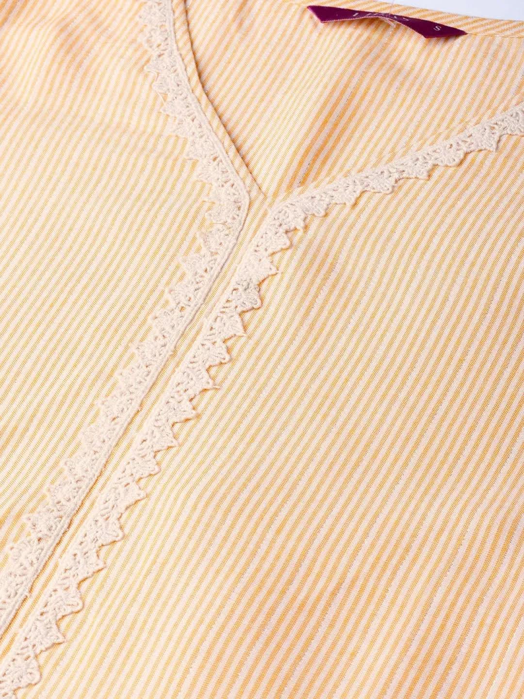 Anouk Yellow Striped Cotton Straight Kurta With Palazzos
