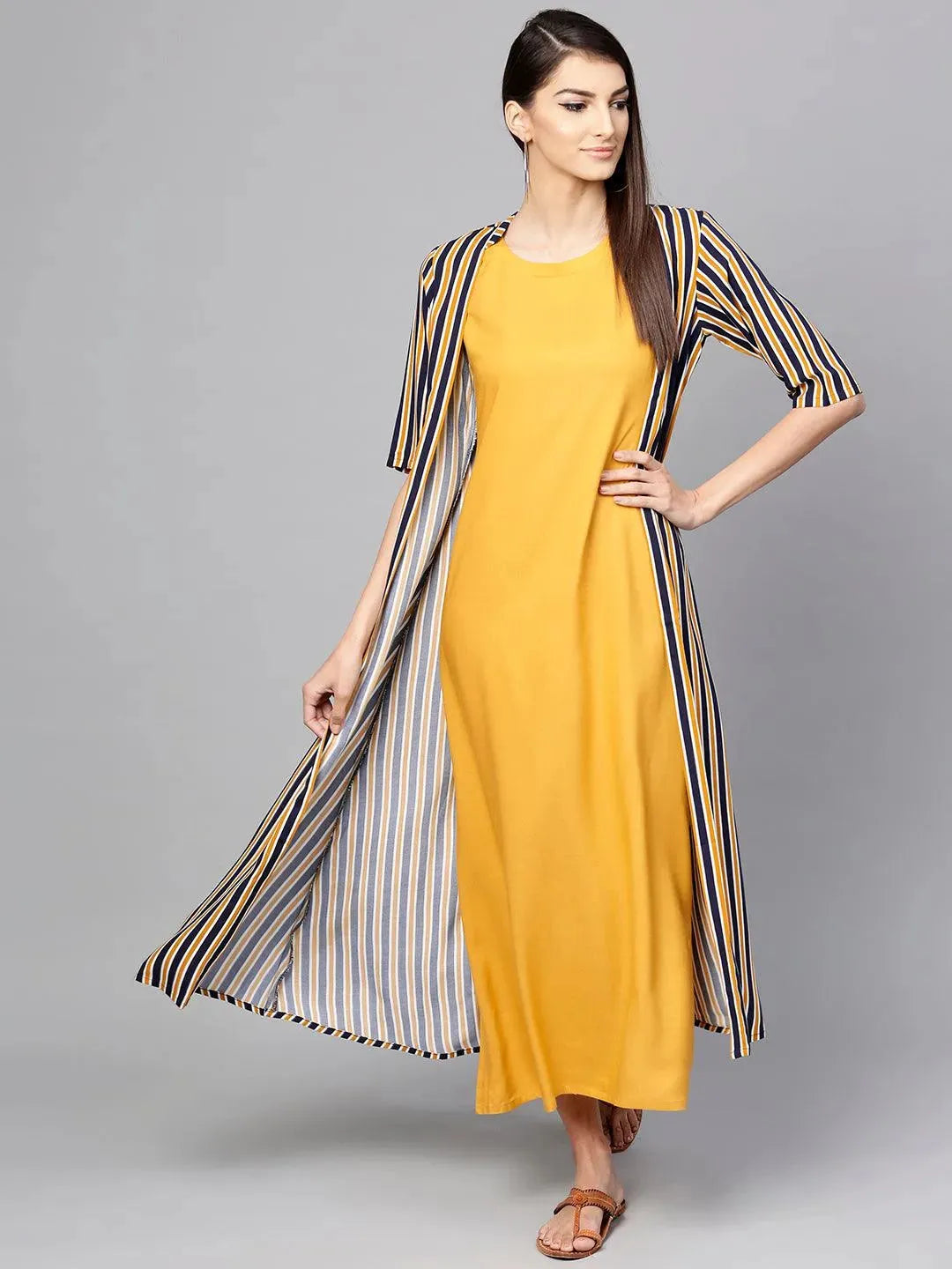 Anouk Yellow Striped Rayon Dress With Jacket