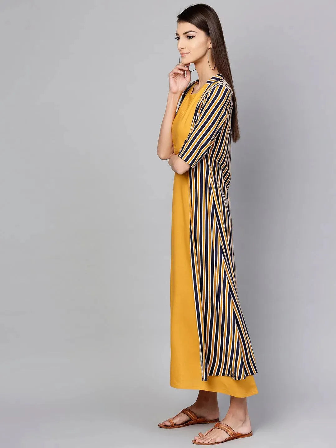 Anouk Yellow Striped Rayon Dress With Jacket